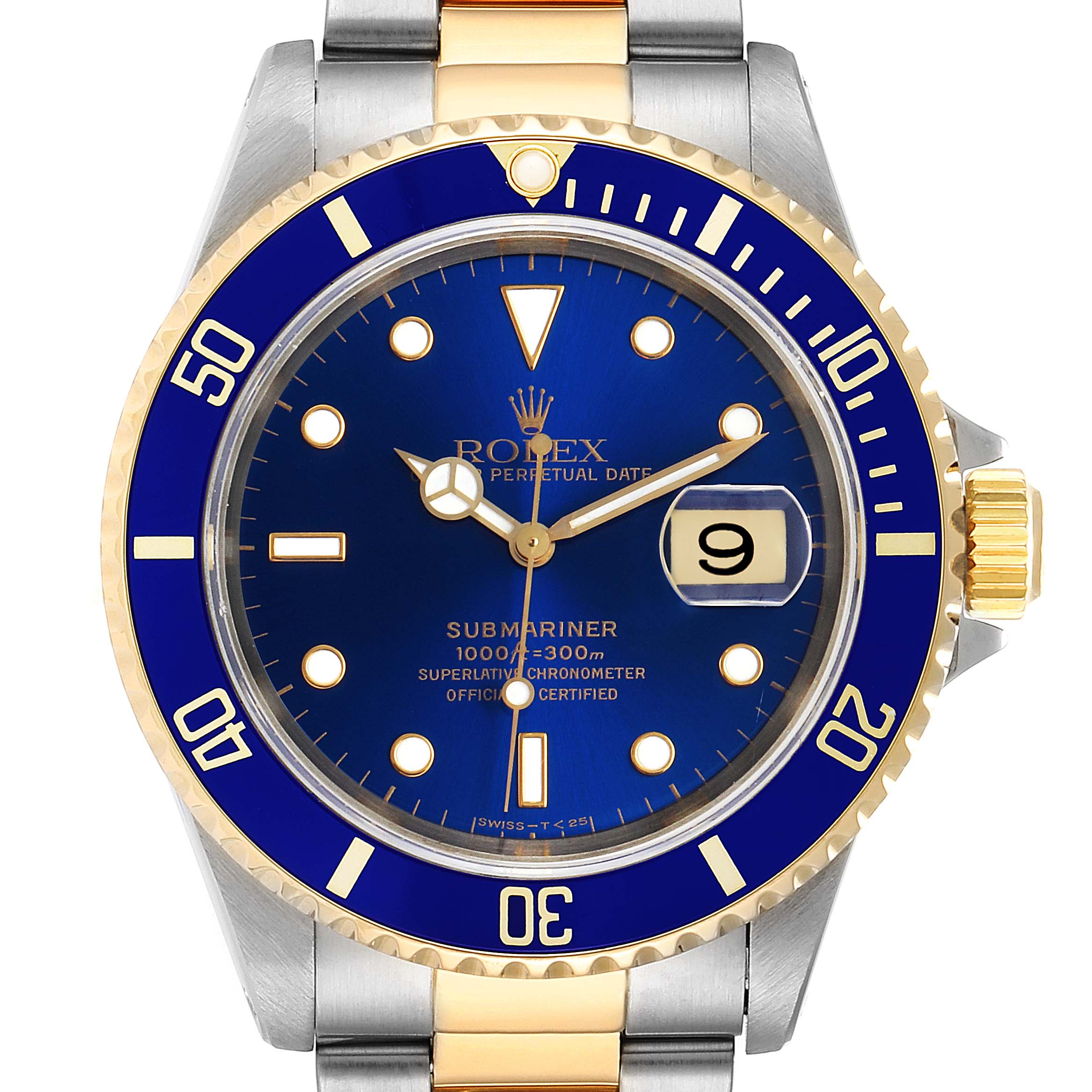 The image shows a front view of a Rolex Submariner 16613 Men's Steel and Gold (two tone) Blue Dial 16613 Men's Steel and Gold (two tone) Blue Dial watch, including its blue dial, bezel, and part of the two-tone bracelet.
