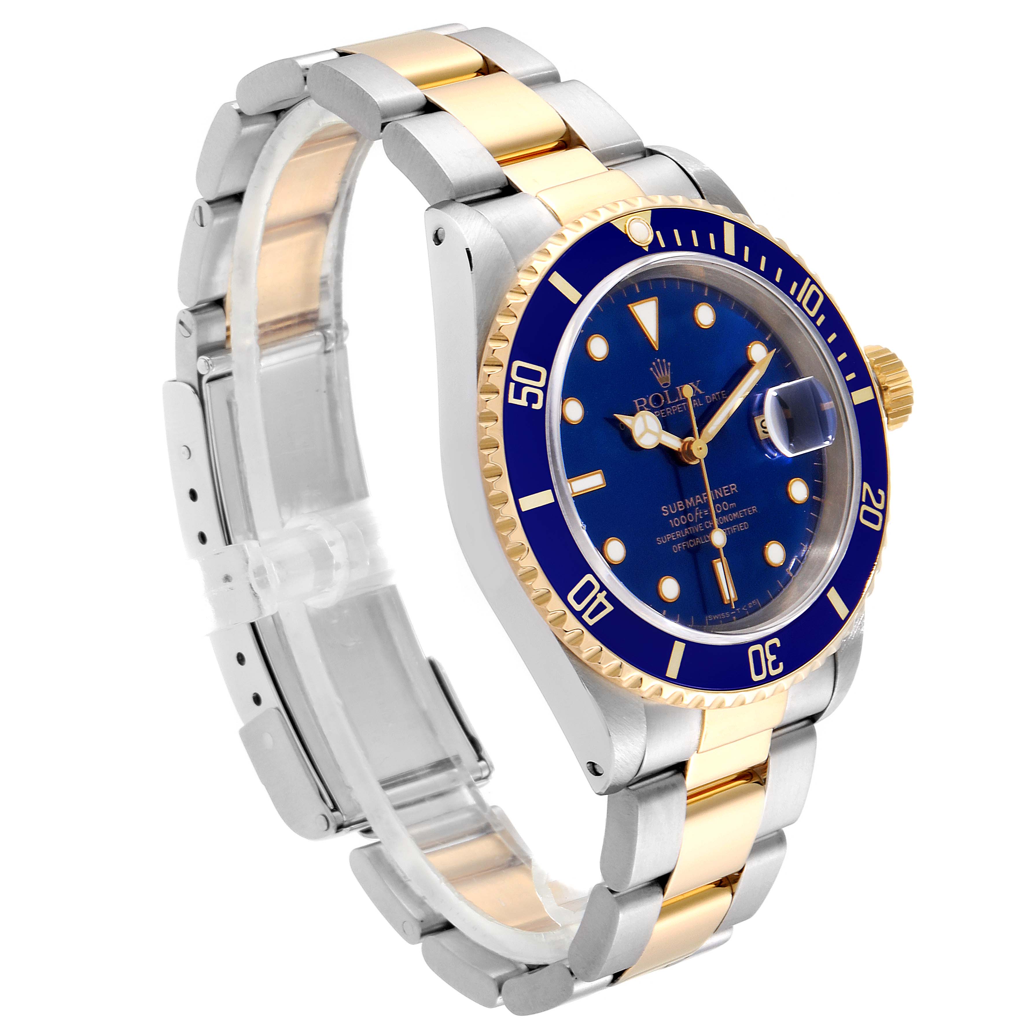 The Rolex Submariner 16613 Men's Steel and Gold (two tone) Blue Dial 16613 Men's Steel and Gold (two tone) Blue Dial watch is shown at an oblique angle, highlighting the blue dial, bezel, two-tone bracelet, and crown.