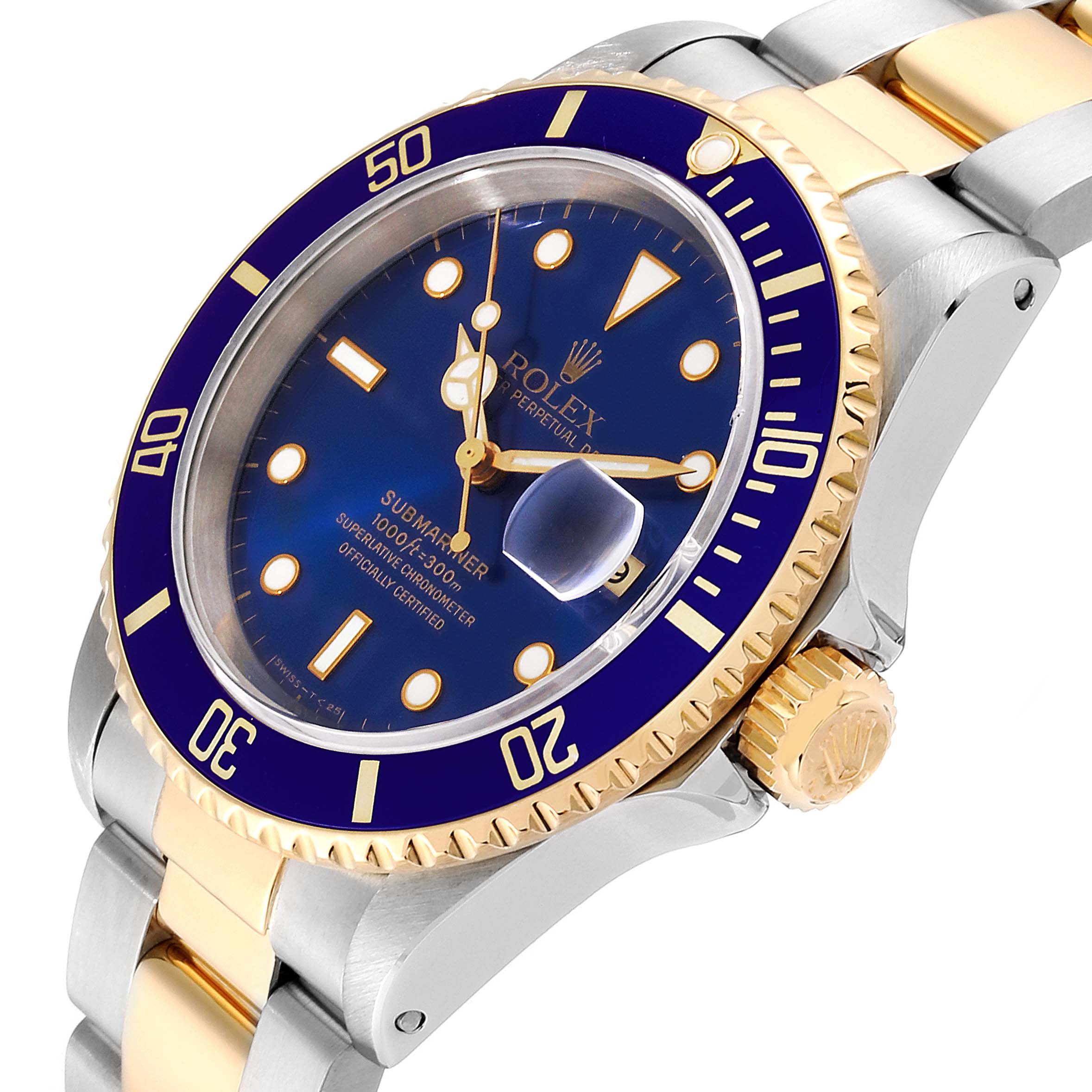 The Rolex Submariner 16613 Men's Steel and Gold (two tone) Blue Dial 16613 Men's Steel and Gold (two tone) Blue Dial watch is shown from an angled side view, displaying its blue dial, bezel, gold detailing, and part of the bracelet.