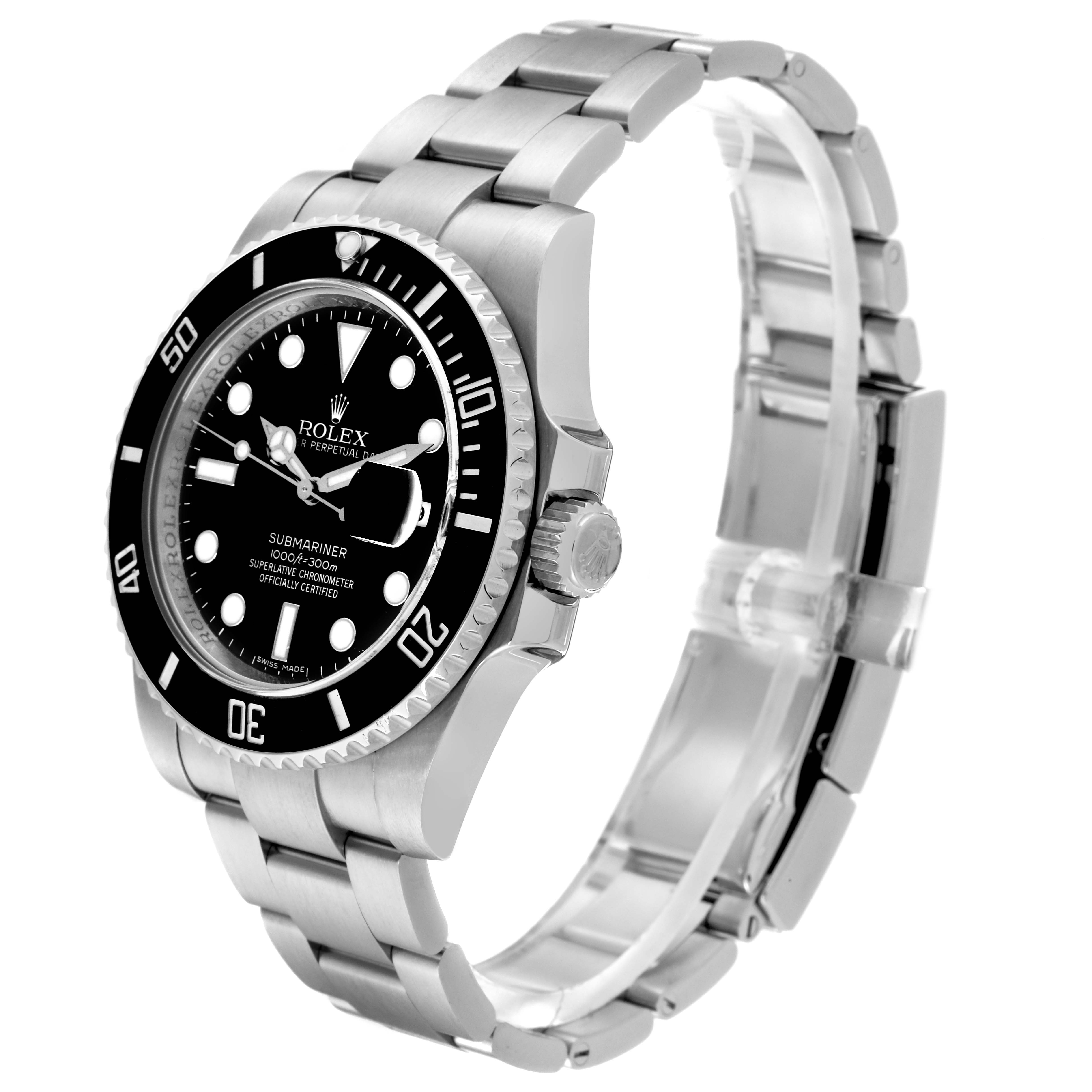 The Rolex Submariner 116610 Men
s Stainless Steel Black Dial 116610 Men
s Stainless Steel Black Dial watch is shown at a 3/4 angle displaying the bezel, dial, crown, and bracelet.