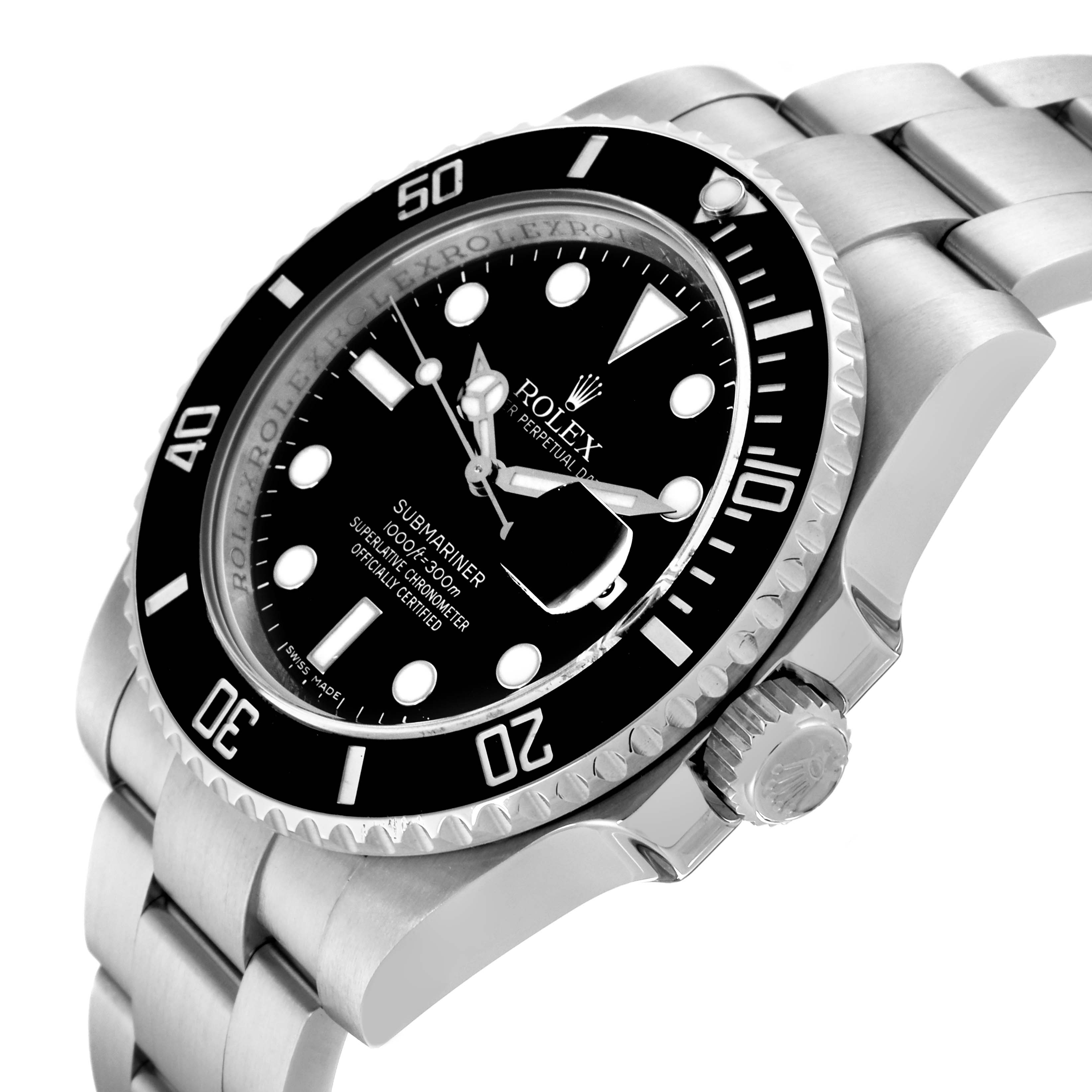 This image shows a Rolex Submariner 116610 Men
s Stainless Steel Black Dial 116610 Men
s Stainless Steel Black Dial watch at an angled side view, highlighting the face, bezel, crown, and part of the bracelet.