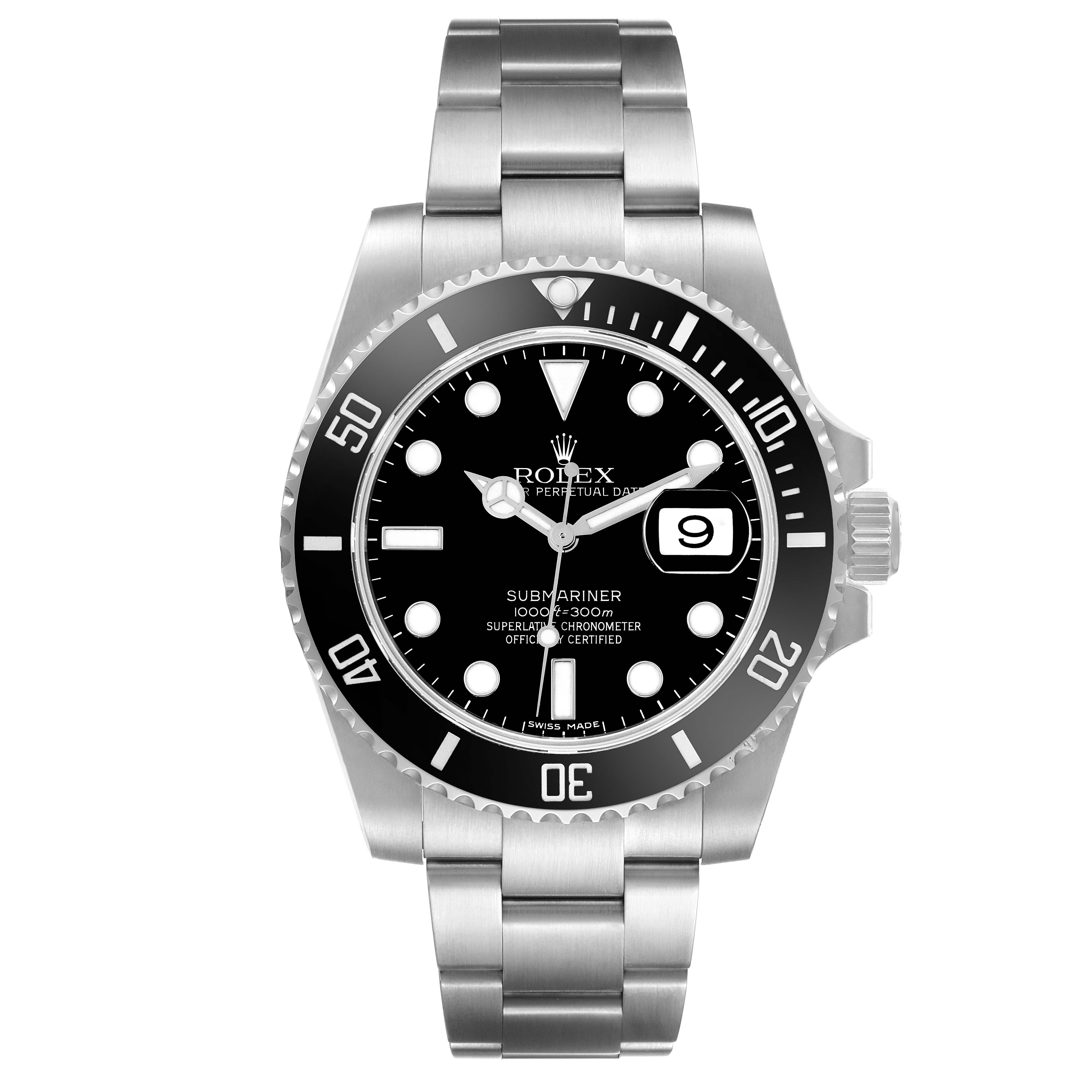 This is a front view of a Rolex Submariner 116610 Men
s Stainless Steel Black Dial 116610 Men
s Stainless Steel Black Dial watch showcasing its black dial, bezel, and metal bracelet.