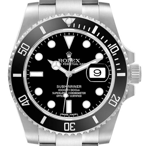 This image shows a front-angle view of the Rolex Submariner watch, highlighting the bezel, dial, hands, and date display.