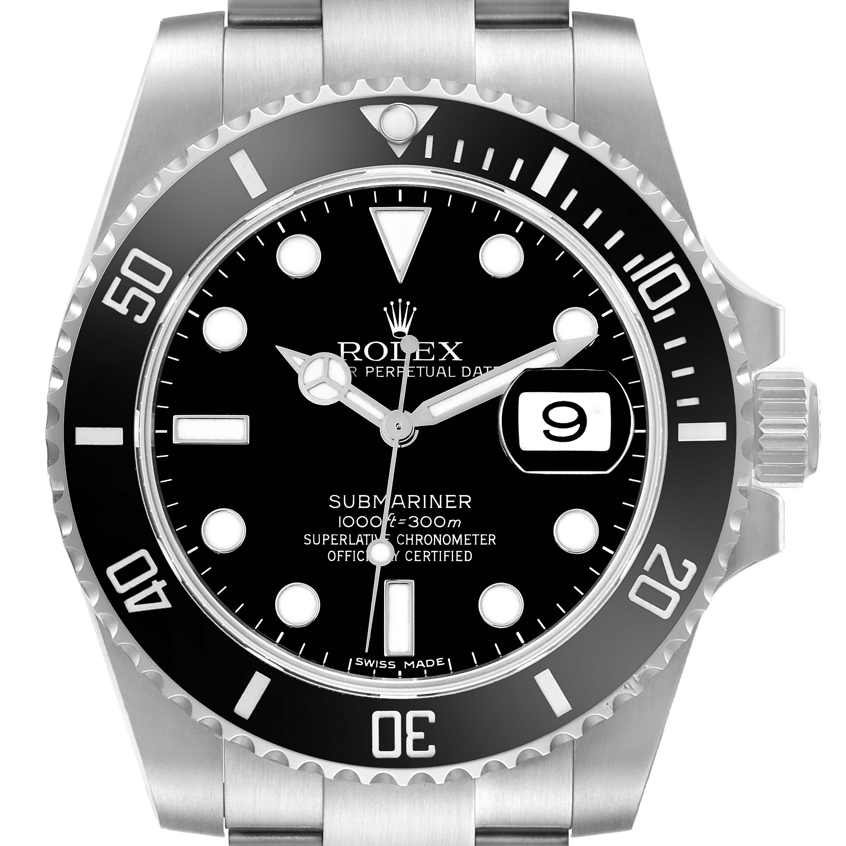 The image shows a frontal view of a Rolex Submariner 116610 Men
s Stainless Steel Black Dial 116610 Men
s Stainless Steel Black Dial watch, displaying its dial, bezel, and part of the bracelet.
