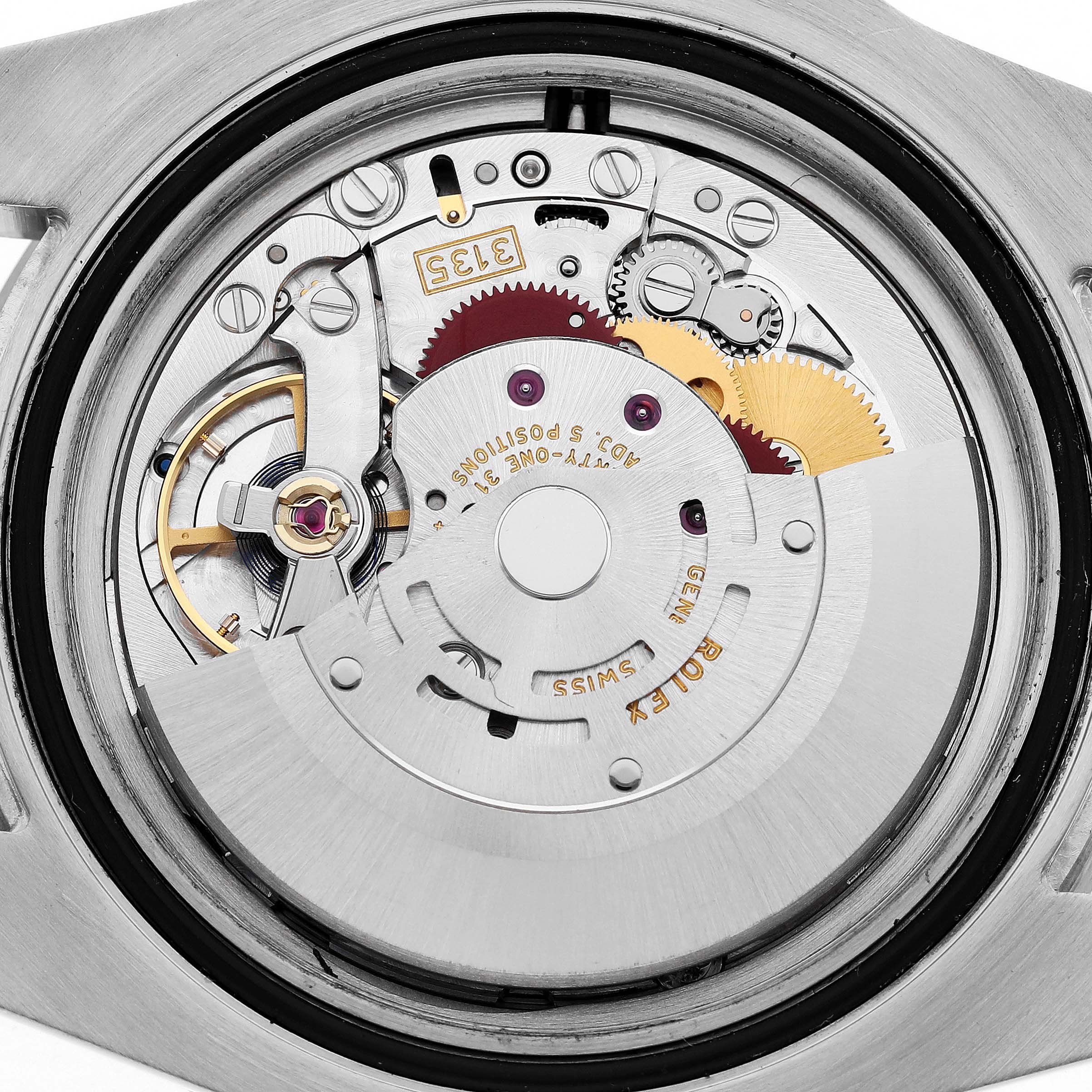 The image shows the Rolex Submariner 116610 Men
s Stainless Steel Black Dial 116610 Men
s Stainless Steel Black Dial
s movement from the back, highlighting gears and the rotor.