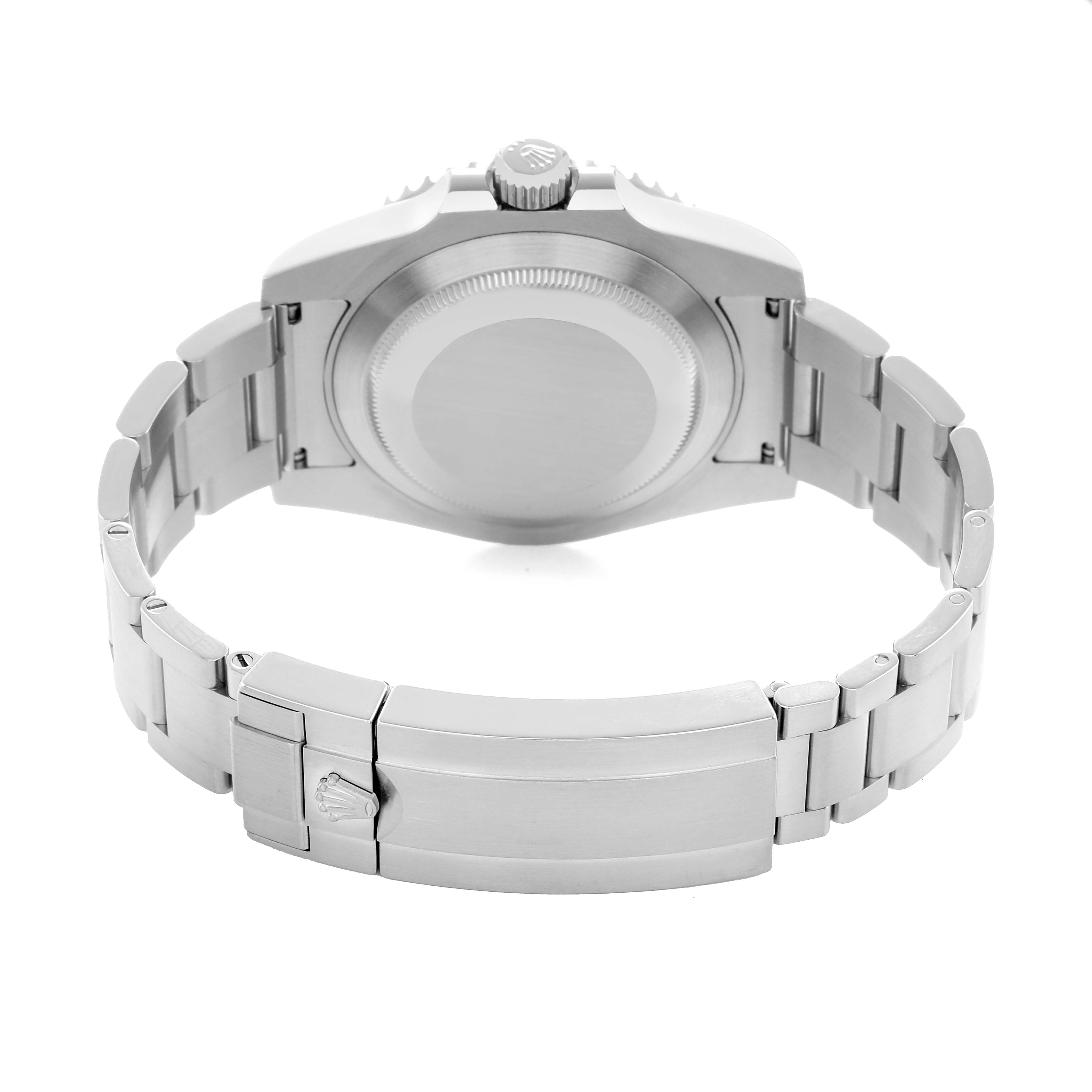 The image shows the back view of the Rolex Submariner 116610LV Men
s Stainless Steel Green Dial, featuring the case back, crown, and stainless steel bracelet with clasp.