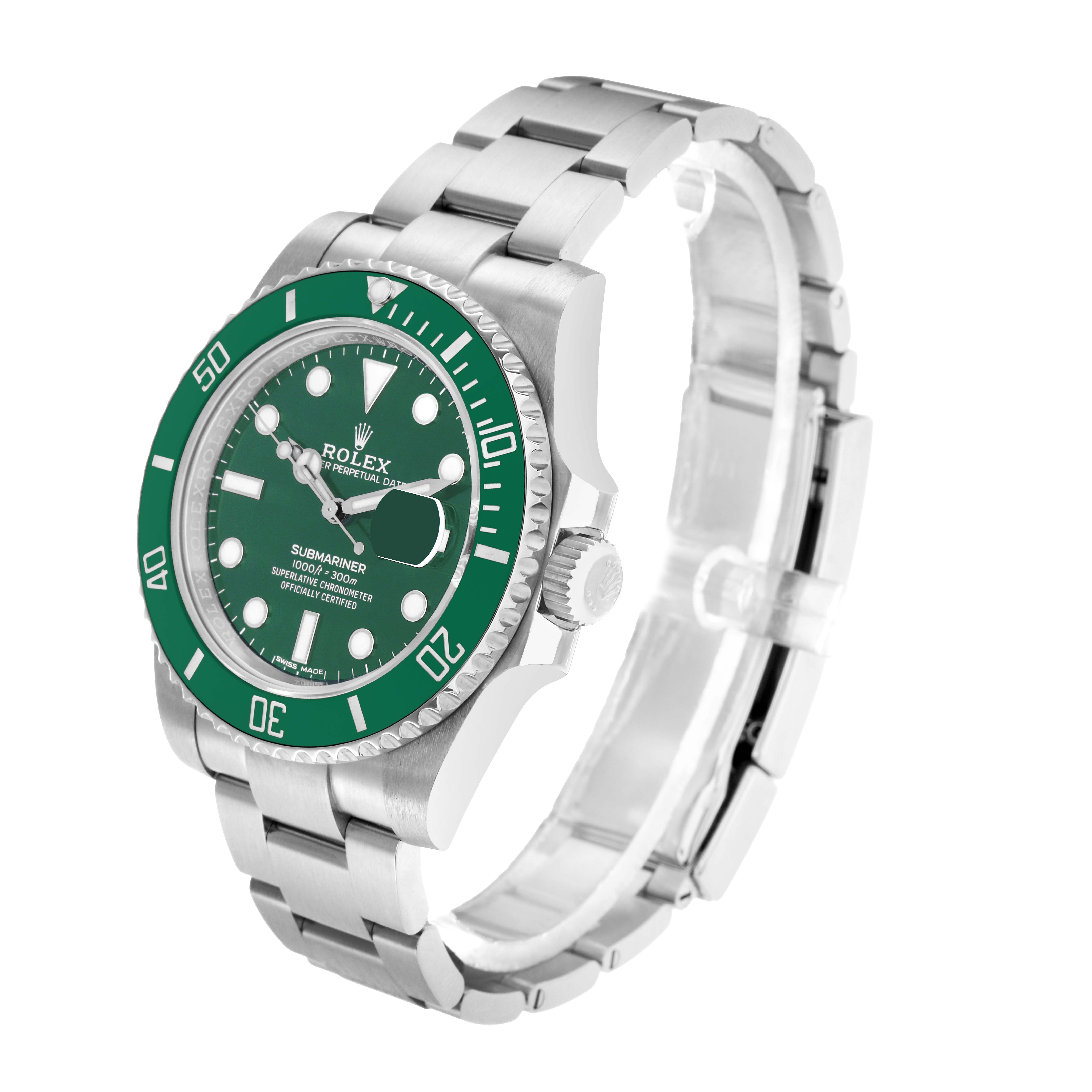 The Rolex Submariner 116610LV Men
s Stainless Steel Green Dial watch is shown at a three-quarter angle, highlighting the green bezel, dial, and stainless steel bracelet.