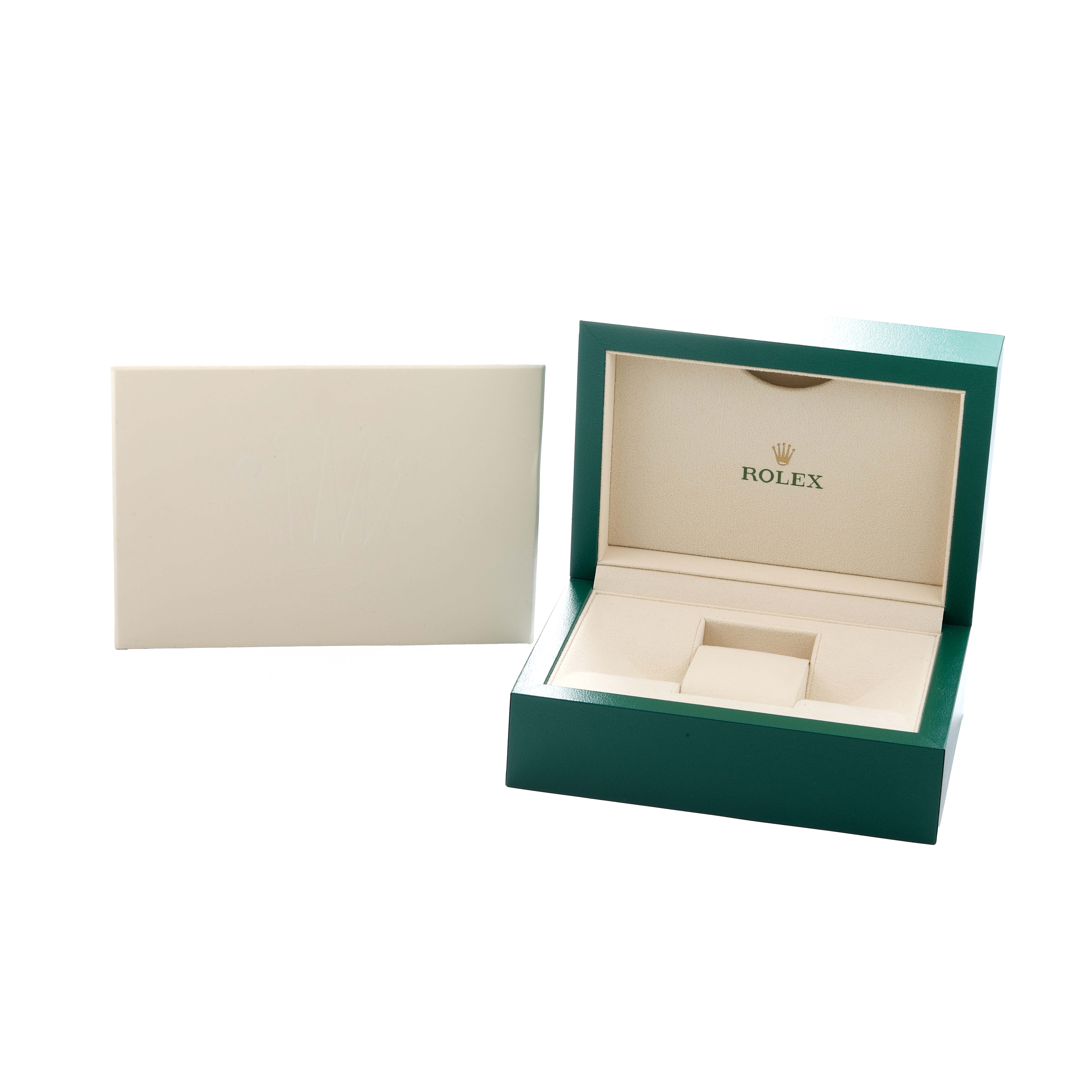 The image shows an open Rolex Submariner 116610LV Men
s Stainless Steel Green Dial box and a closed outer box at a slight angle.