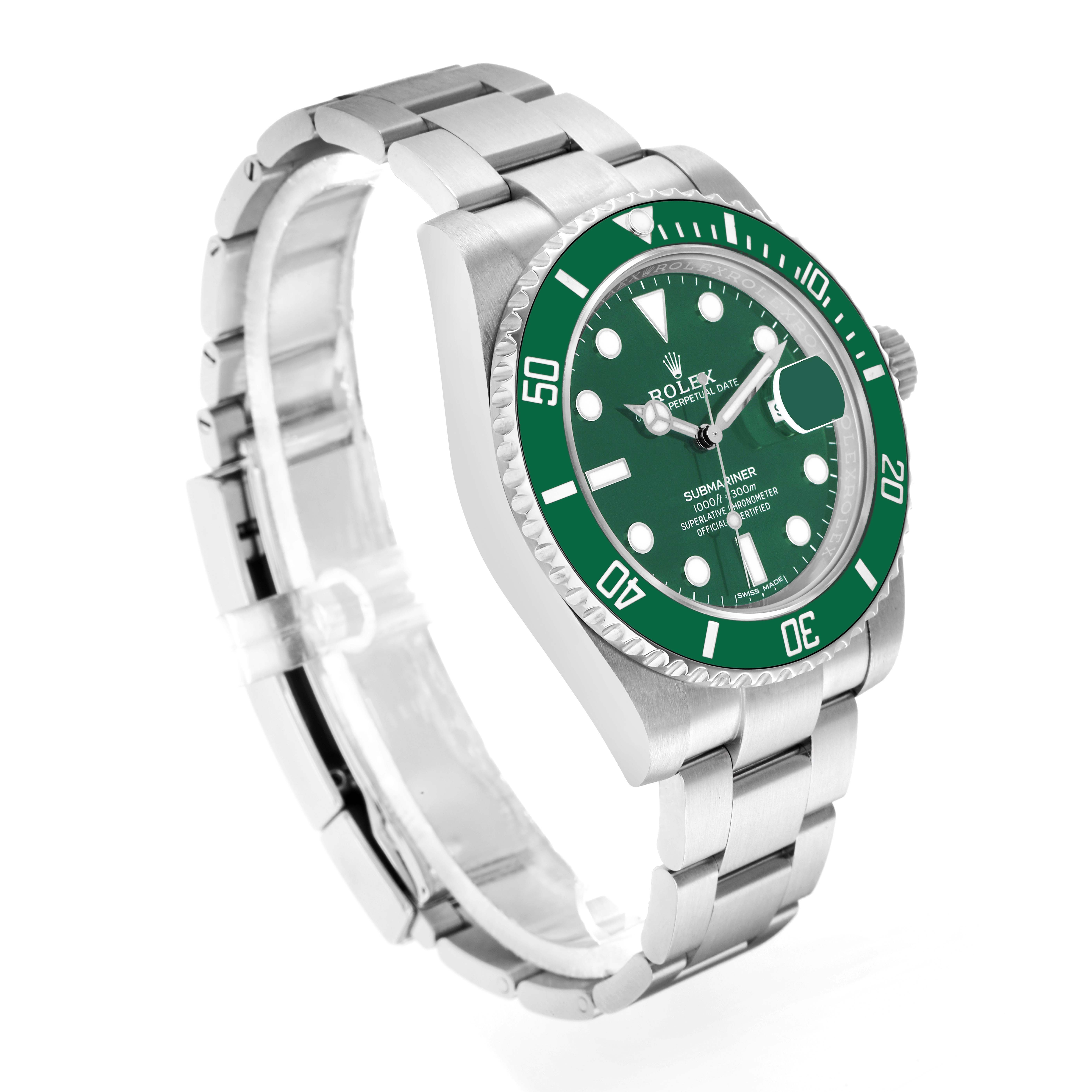 The Rolex Submariner 116610LV Men
s Stainless Steel Green Dial watch is shown at a three-quarter angle, highlighting the green bezel, dial, and stainless steel bracelet.