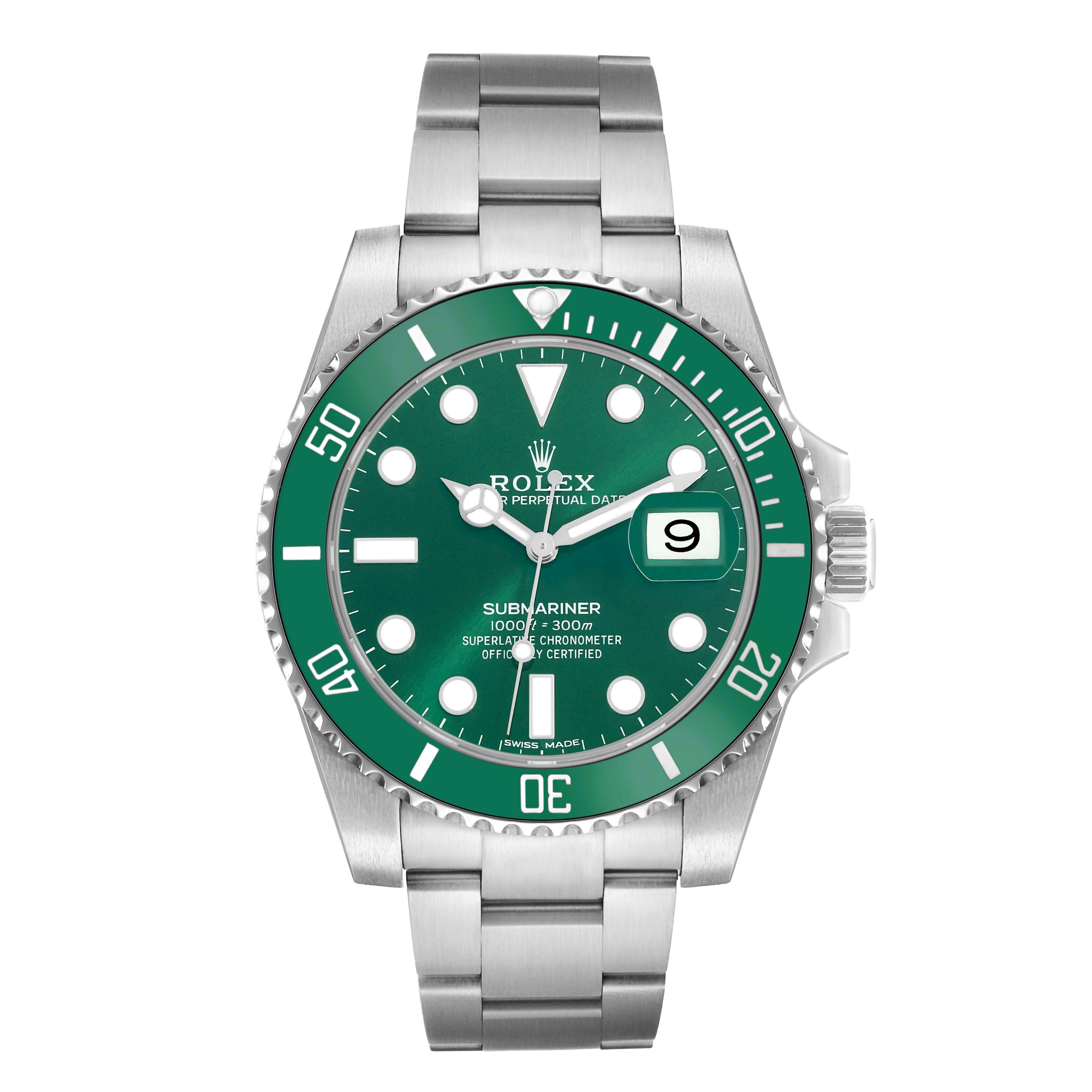 The Rolex Submariner 116610LV Men
s Stainless Steel Green Dial watch is shown front-facing, displaying the green dial, bezel, and stainless steel bracelet.