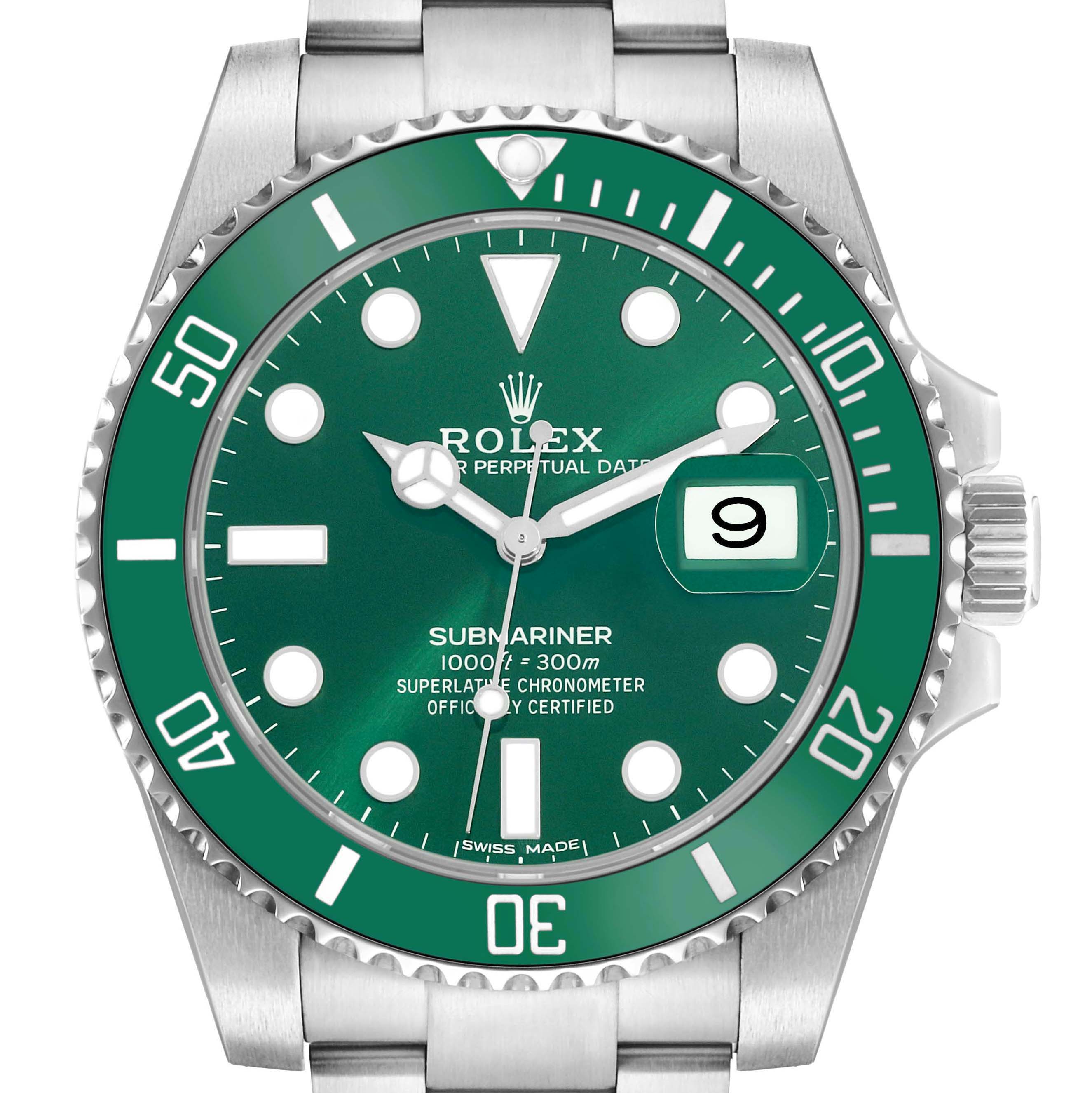 The Rolex Submariner 116610LV Men
s Stainless Steel Green Dial is shown from a front angle, highlighting the green dial, bezel, and date function.