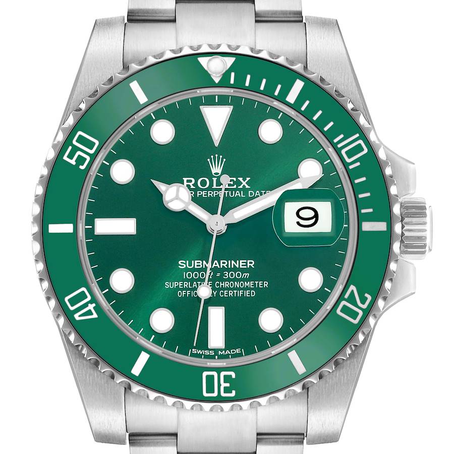 The Rolex Submariner 116610LV Men's Stainless Steel Green Dial is shown from a front angle, highlighting the green dial, bezel, and date function.