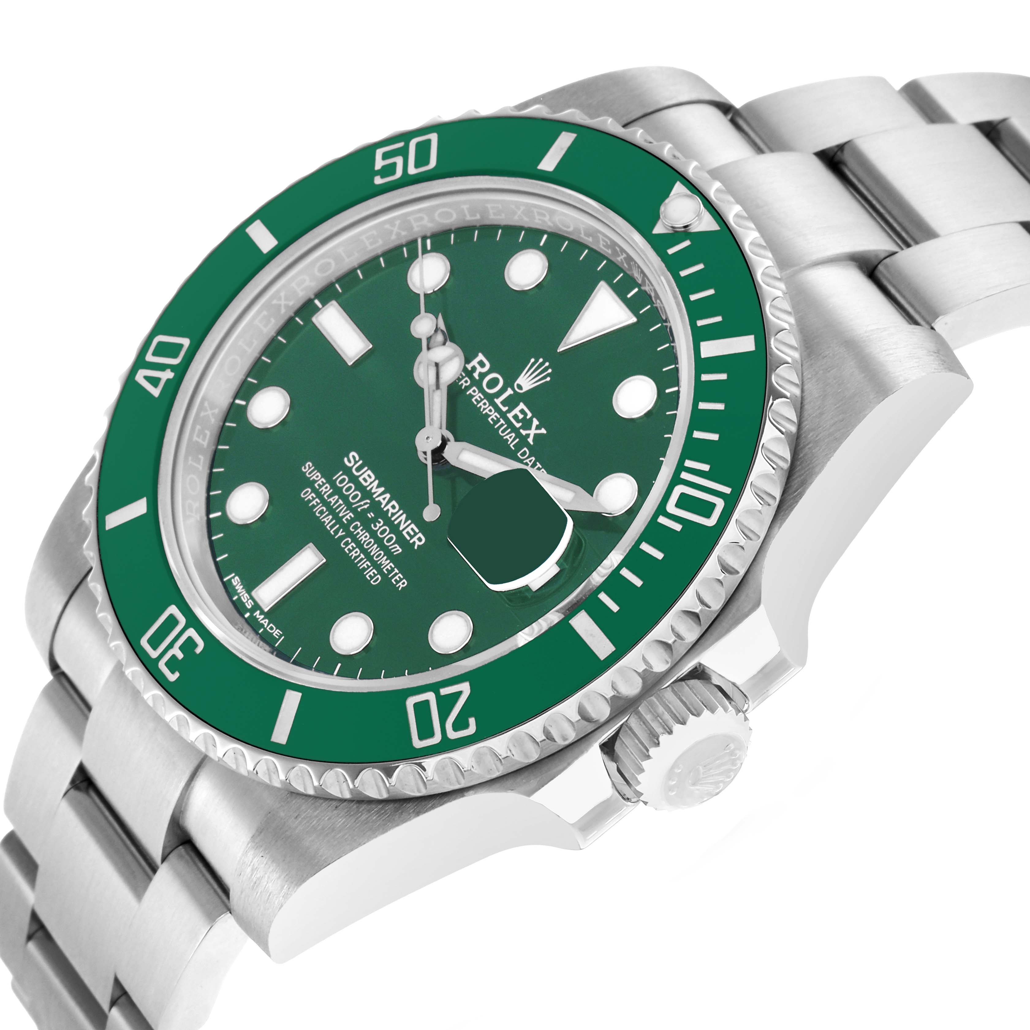 The Rolex Submariner 116610LV Men
s Stainless Steel Green Dial watch is shown at an angled side view, highlighting the green bezel, dial, crown, and bracelet links.