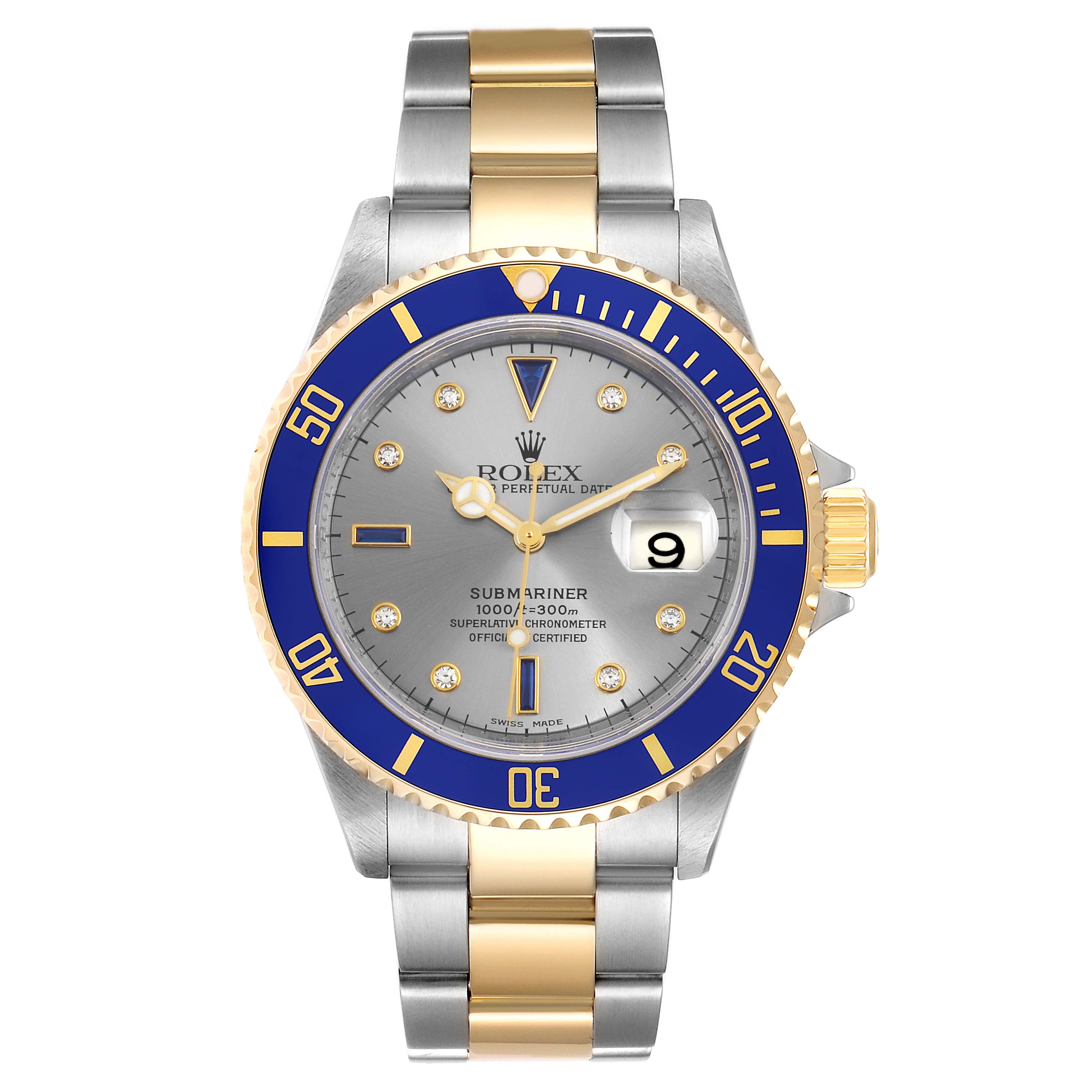 The image shows a Rolex Submariner 16613 Men
s Steel and Gold (two tone) Grey Dial 16613 Men
s Steel and Gold (two tone) Grey Dial watch in a front view, highlighting the bezel, dial, hands, and bracelet.