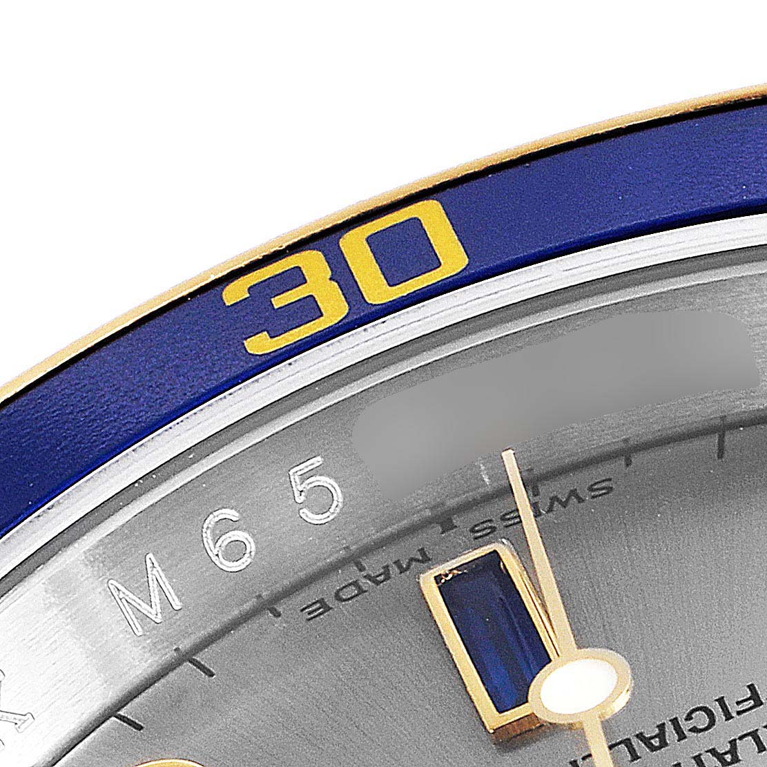 The image shows a close-up angle of the bezel, hour markers, and dial of the Rolex Submariner 16613 Men
s Steel and Gold (two tone) Grey Dial 16613 Men
s Steel and Gold (two tone) Grey Dial watch.