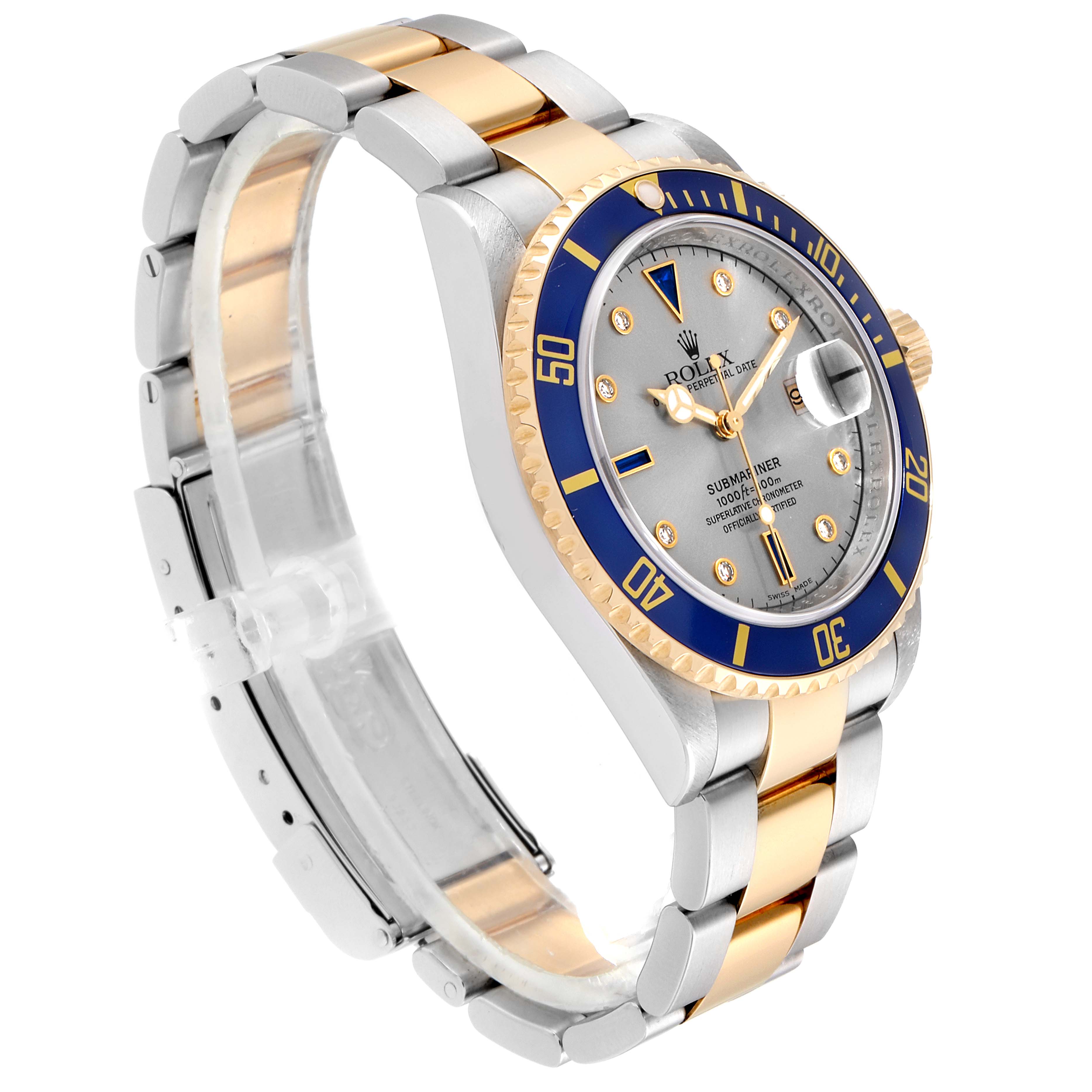 This image shows a Rolex Submariner 16613 Men
s Steel and Gold (two tone) Grey Dial 16613 Men
s Steel and Gold (two tone) Grey Dial watch from an angled side view, highlighting the bracelet, bezel, and dial.
