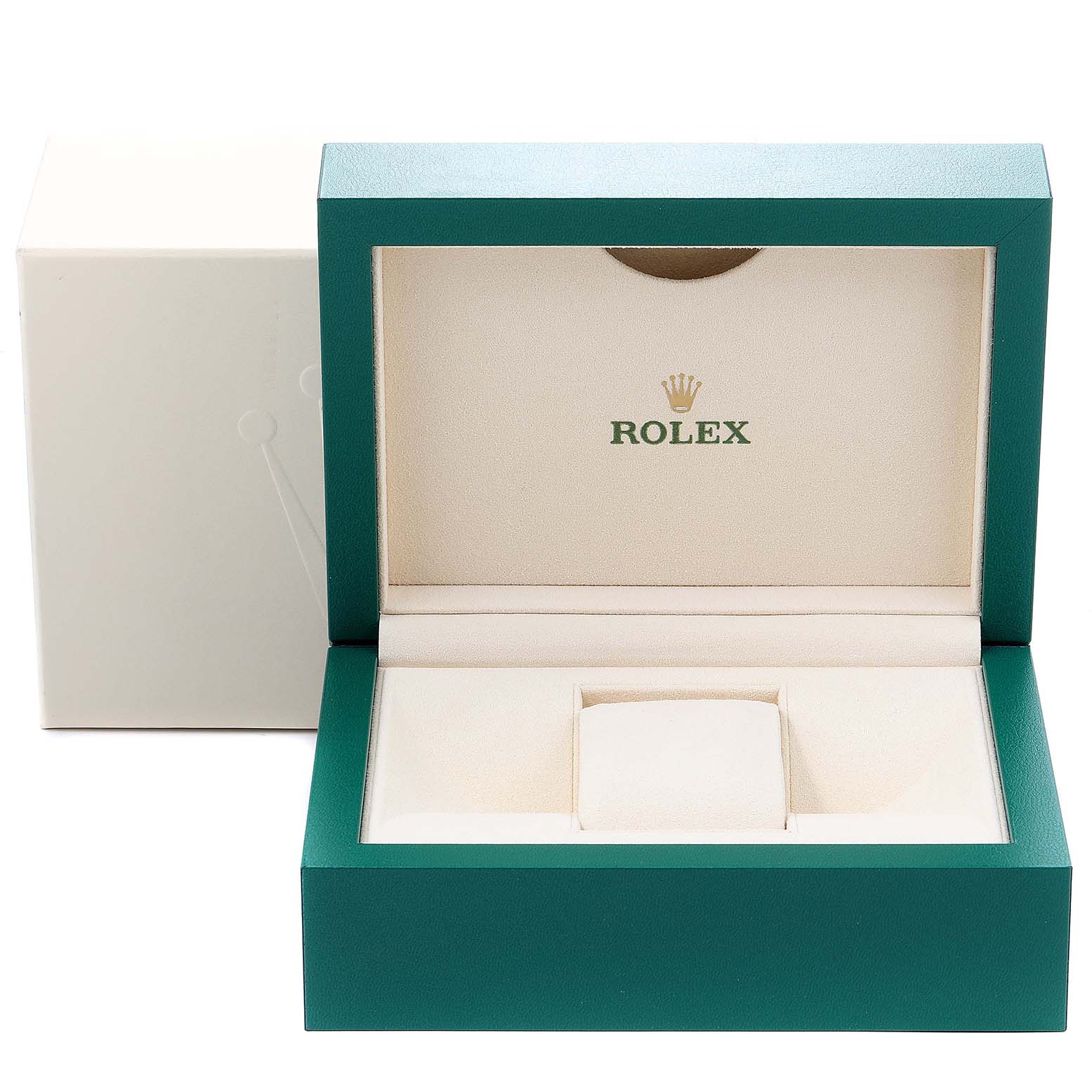 The image shows an open green Rolex Submariner 16613 Men
s Steel and Gold (two tone) Grey Dial 16613 Men
s Steel and Gold (two tone) Grey Dial watch box with the brand logo inside, from a front angle.