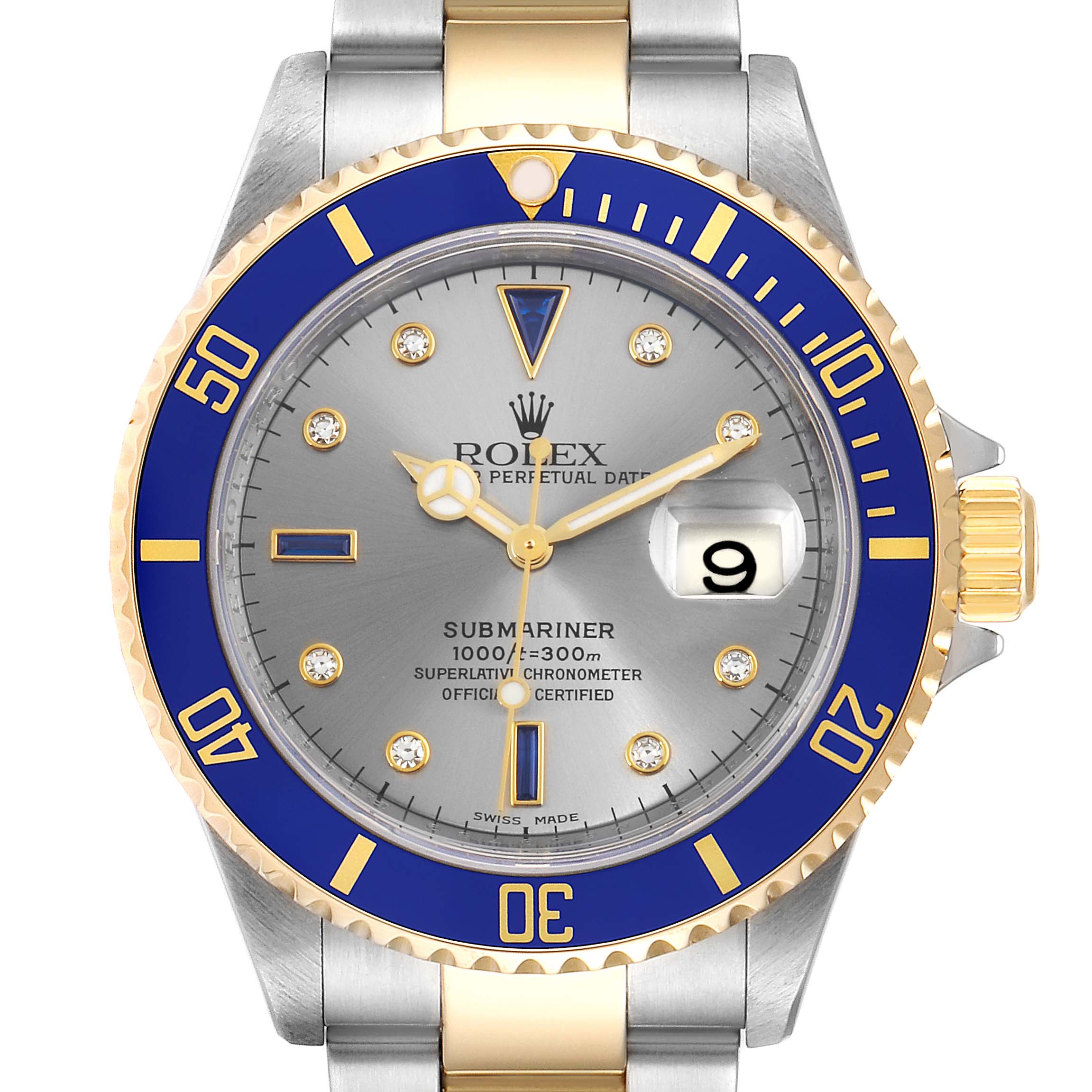 The image shows a Rolex Submariner 16613 Men
s Steel and Gold (two tone) Grey Dial 16613 Men
s Steel and Gold (two tone) Grey Dial watch from a front angle, highlighting the bezel, dial, hands, and bracelet.