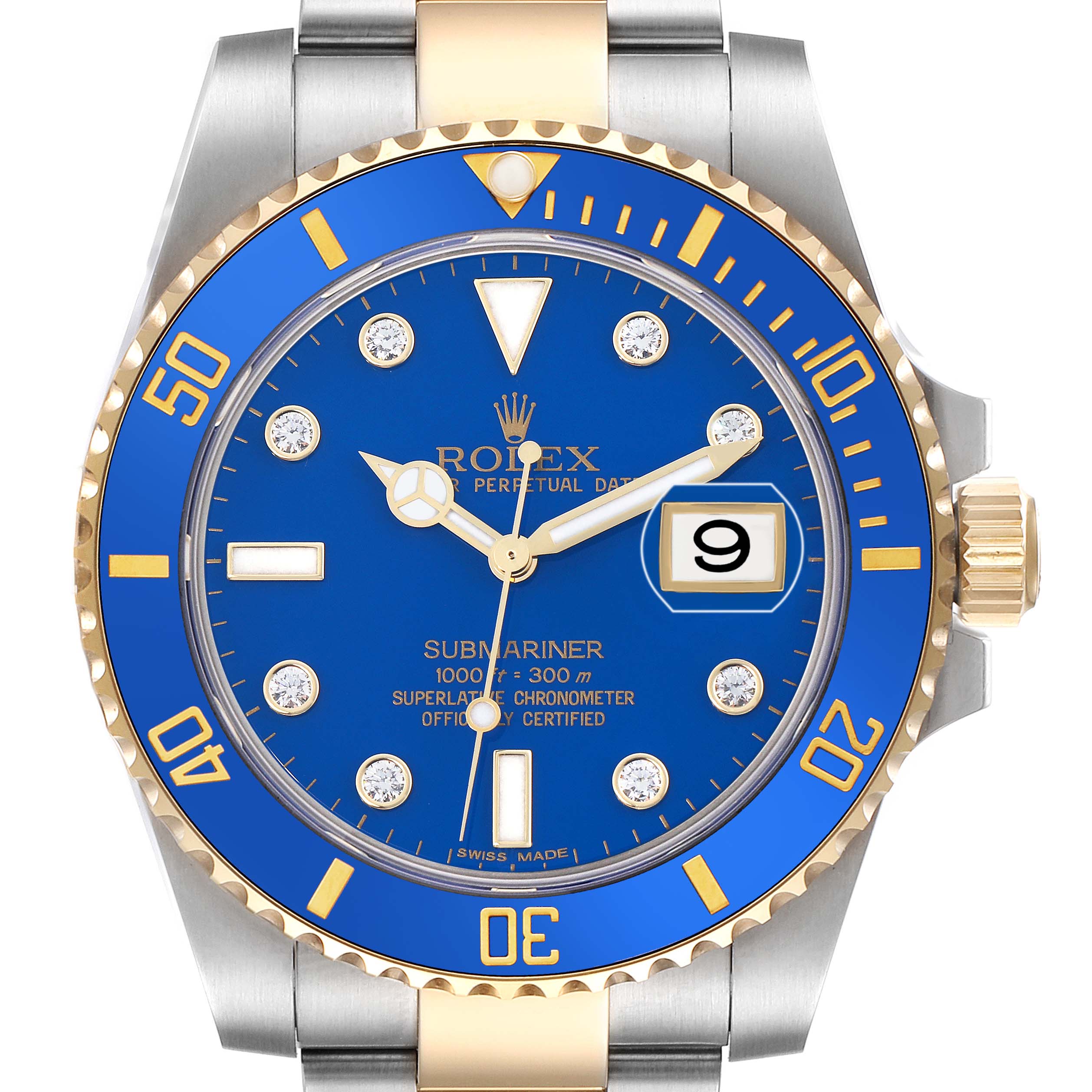 The Rolex Submariner 116613 Men
s Steel and Gold (two tone) Blue Dial watch is shown from a top-down angle, highlighting its blue dial, bezel, and the date window at 3 o
clock.