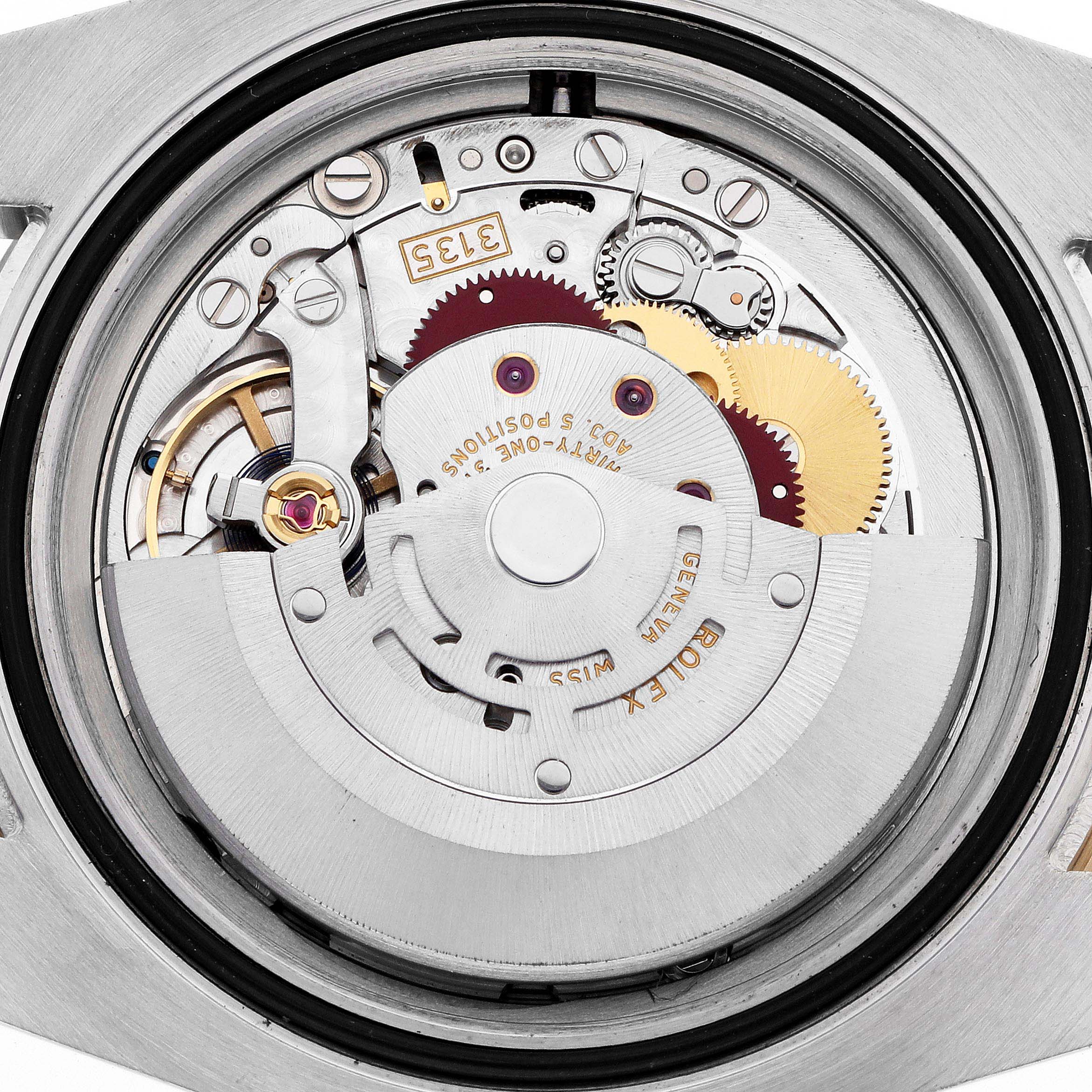 The image shows the intricate movement mechanism of a Rolex Submariner 116613 Men
s Steel and Gold (two tone) Blue Dial, viewed from the back.