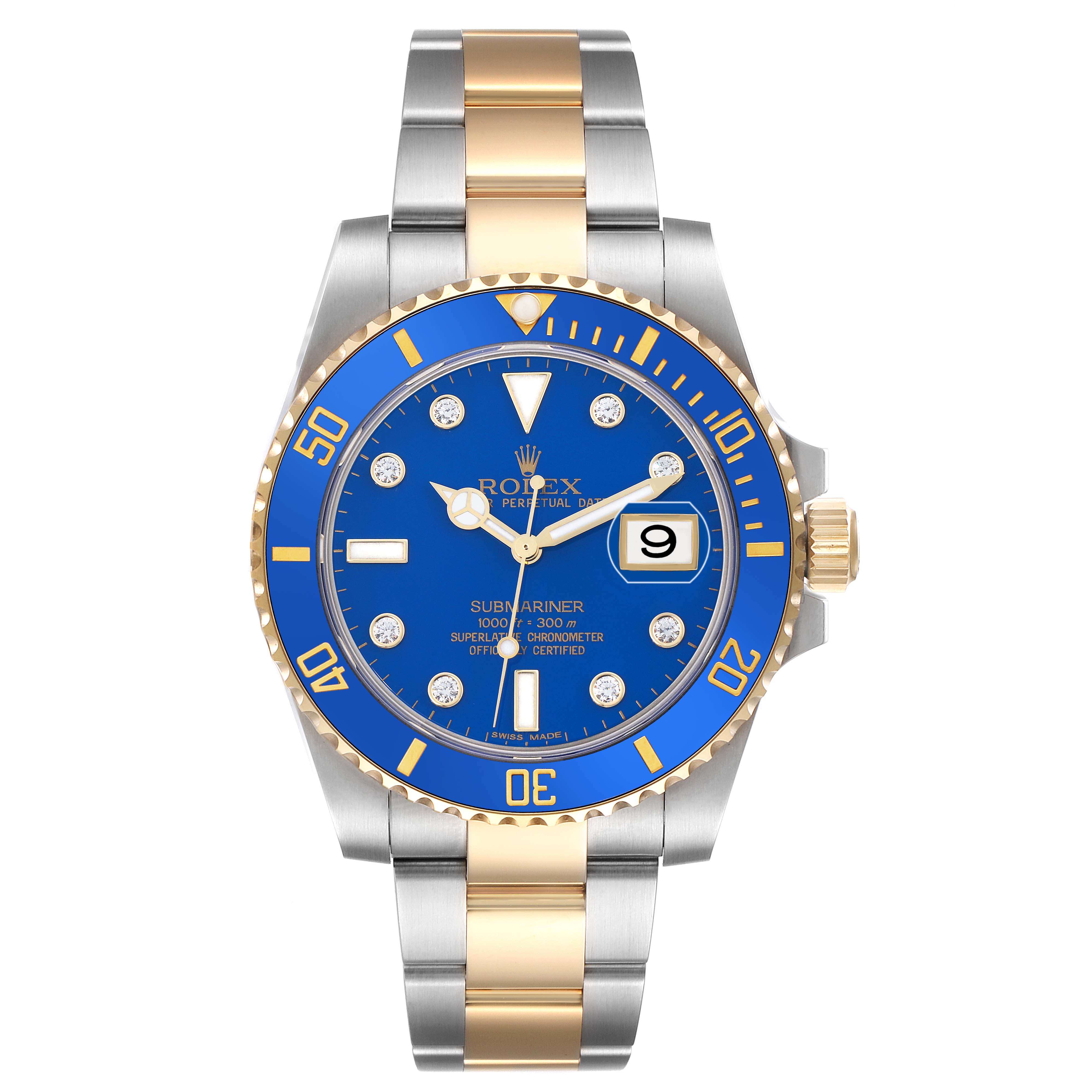 The Rolex Submariner 116613 Men
s Steel and Gold (two tone) Blue Dial watch is shown from a front view, displaying its face, bezel, crown, and bracelet.