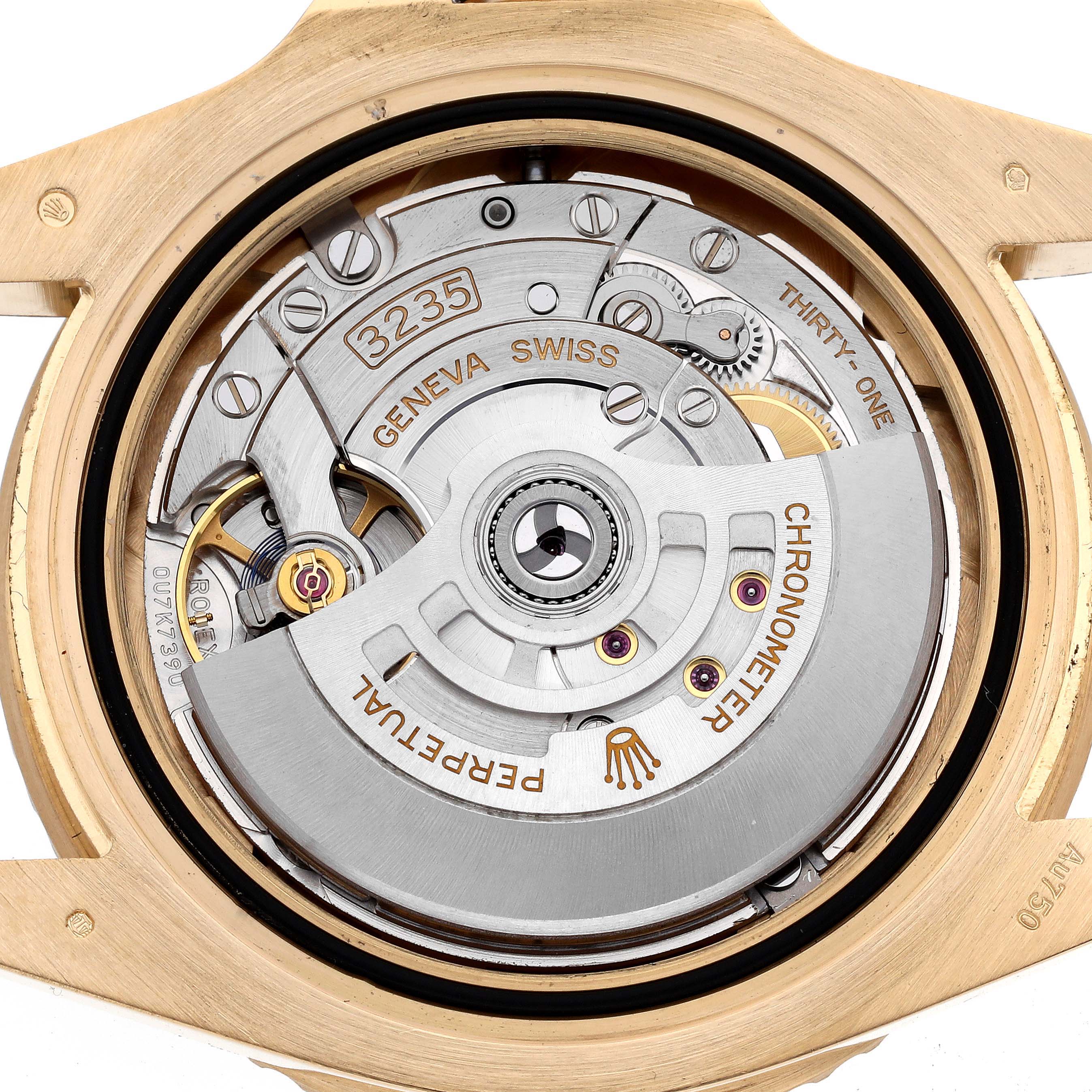 The image shows the back view of a Rolex Submariner 126618LB Men's Yellow Gold Blue Dial 126618LB Men's Yellow Gold Blue Dial, highlighting the movement and rotor design.