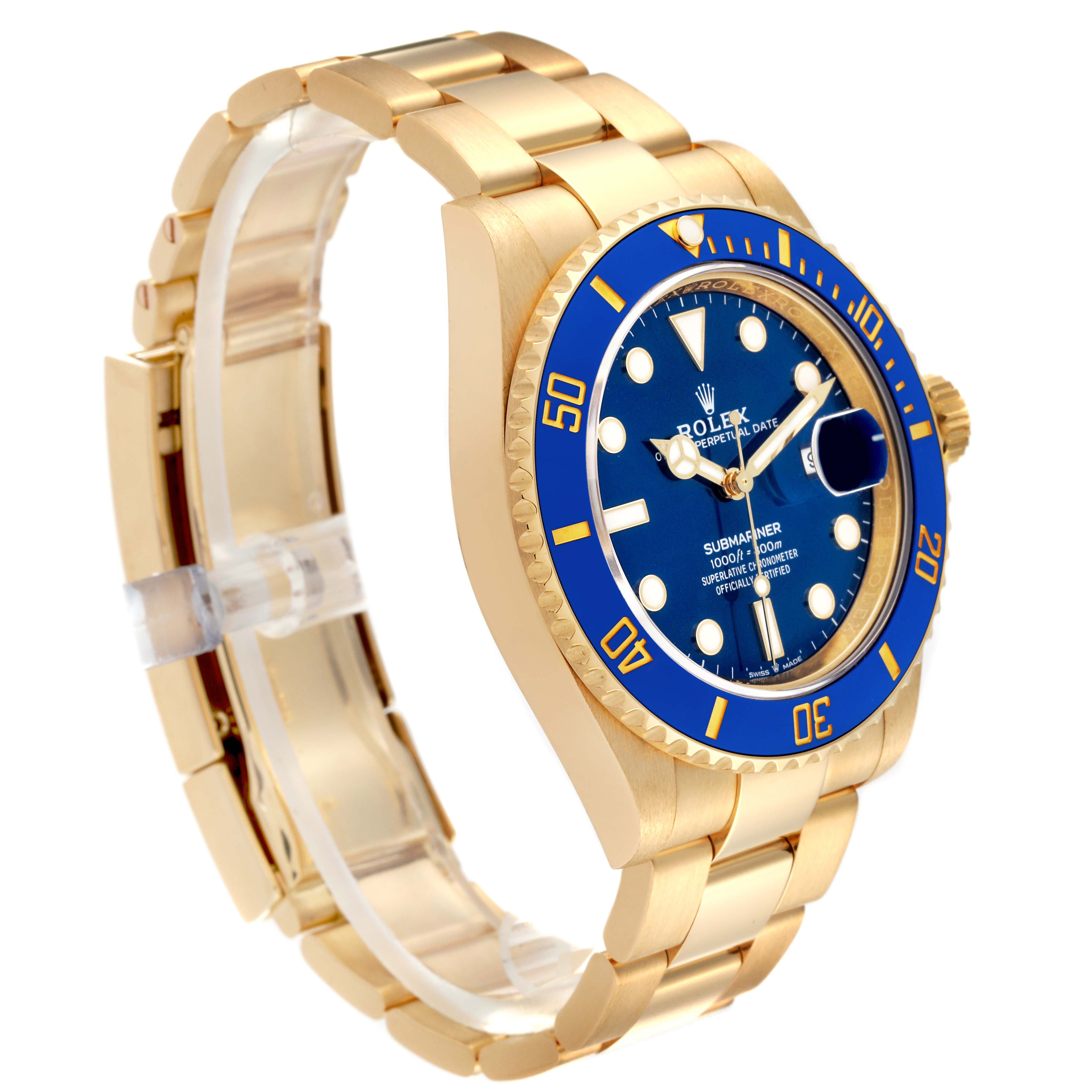 The Rolex Submariner 126618LB Men's Yellow Gold Blue Dial 126618LB Men's Yellow Gold Blue Dial watch is shown at a slight angle, highlighting its blue bezel, blue dial, and gold bracelet.
