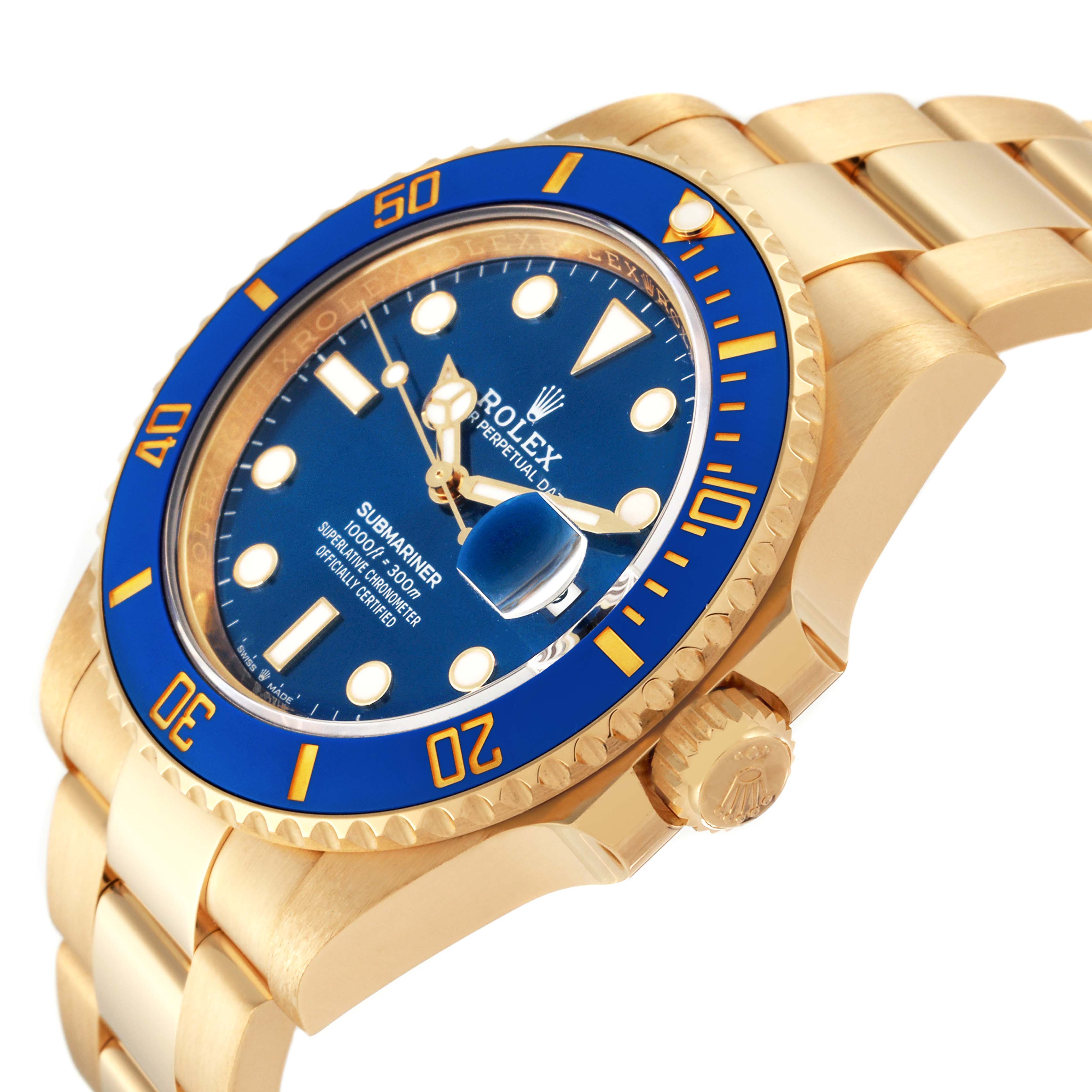 The Rolex Submariner 126618LB Men's Yellow Gold Blue Dial 126618LB Men's Yellow Gold Blue Dial is shown at an angle highlighting the blue bezel, dial, and part of the gold bracelet.