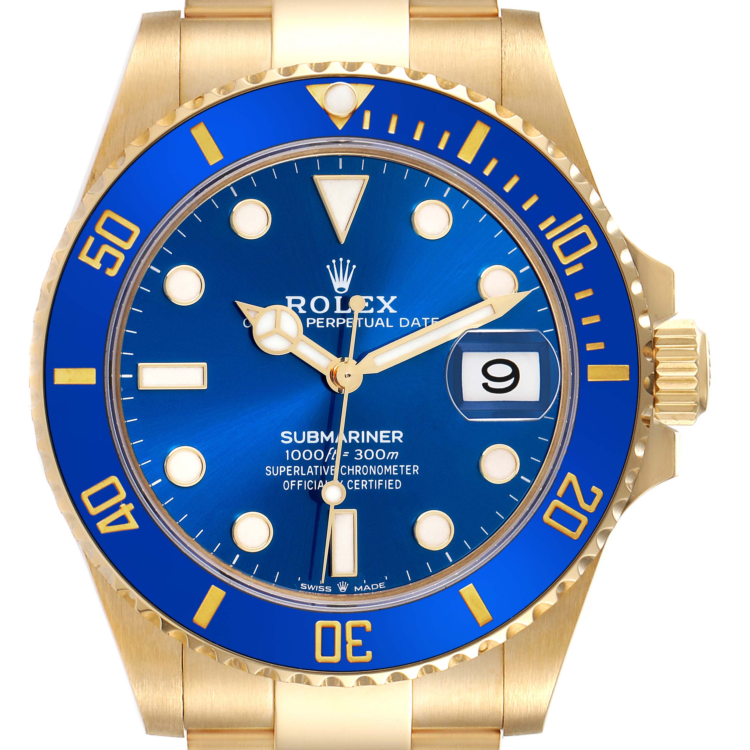 The image shows a front view of a Rolex Submariner 126618LB Men's Yellow Gold Blue Dial 126618LB Men's Yellow Gold Blue Dial, featuring the dial, bezel, and crown.