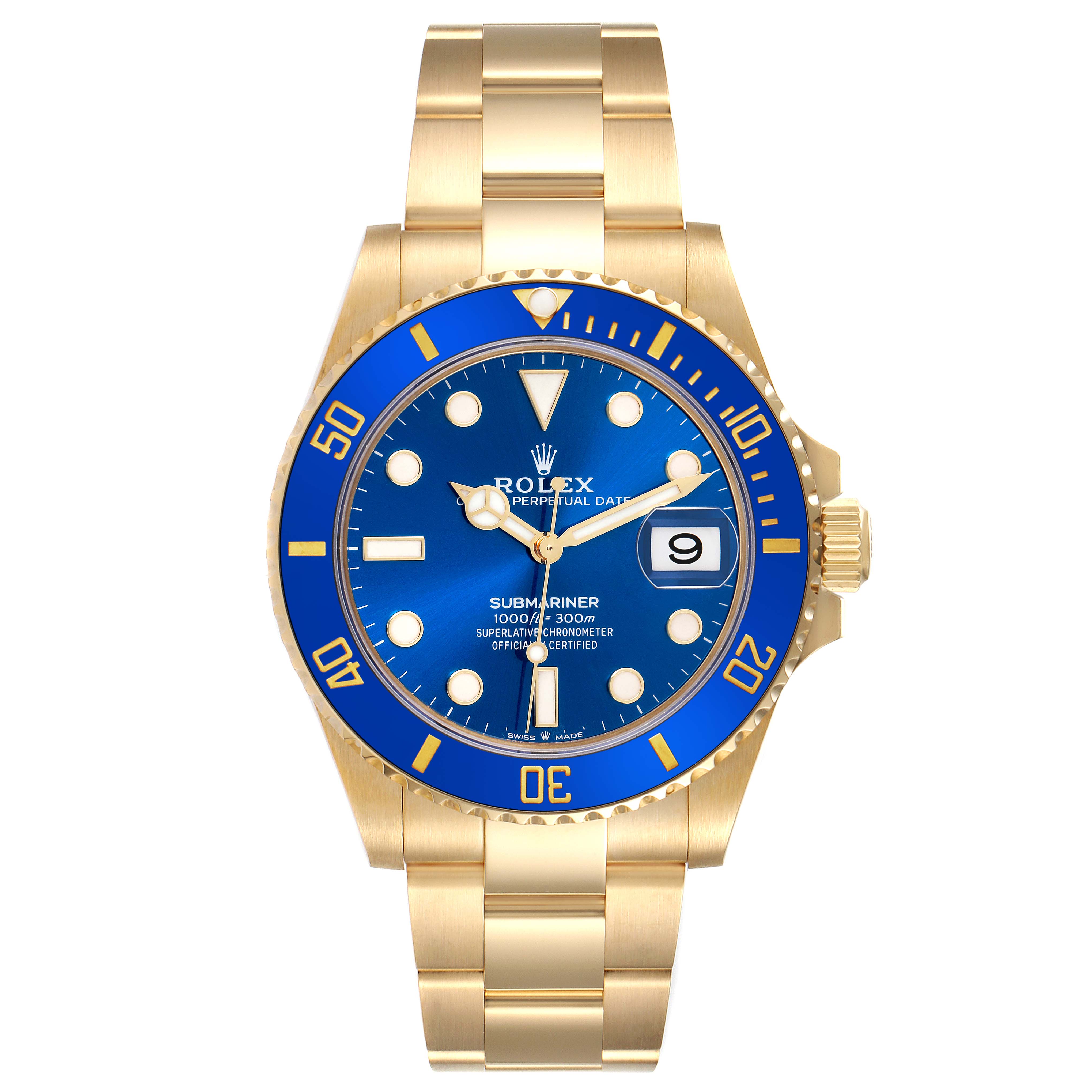 The Rolex Submariner 126618LB Men's Yellow Gold Blue Dial 126618LB Men's Yellow Gold Blue Dial watch is shown from a front angle, highlighting the blue dial, gold case, and bracelet.