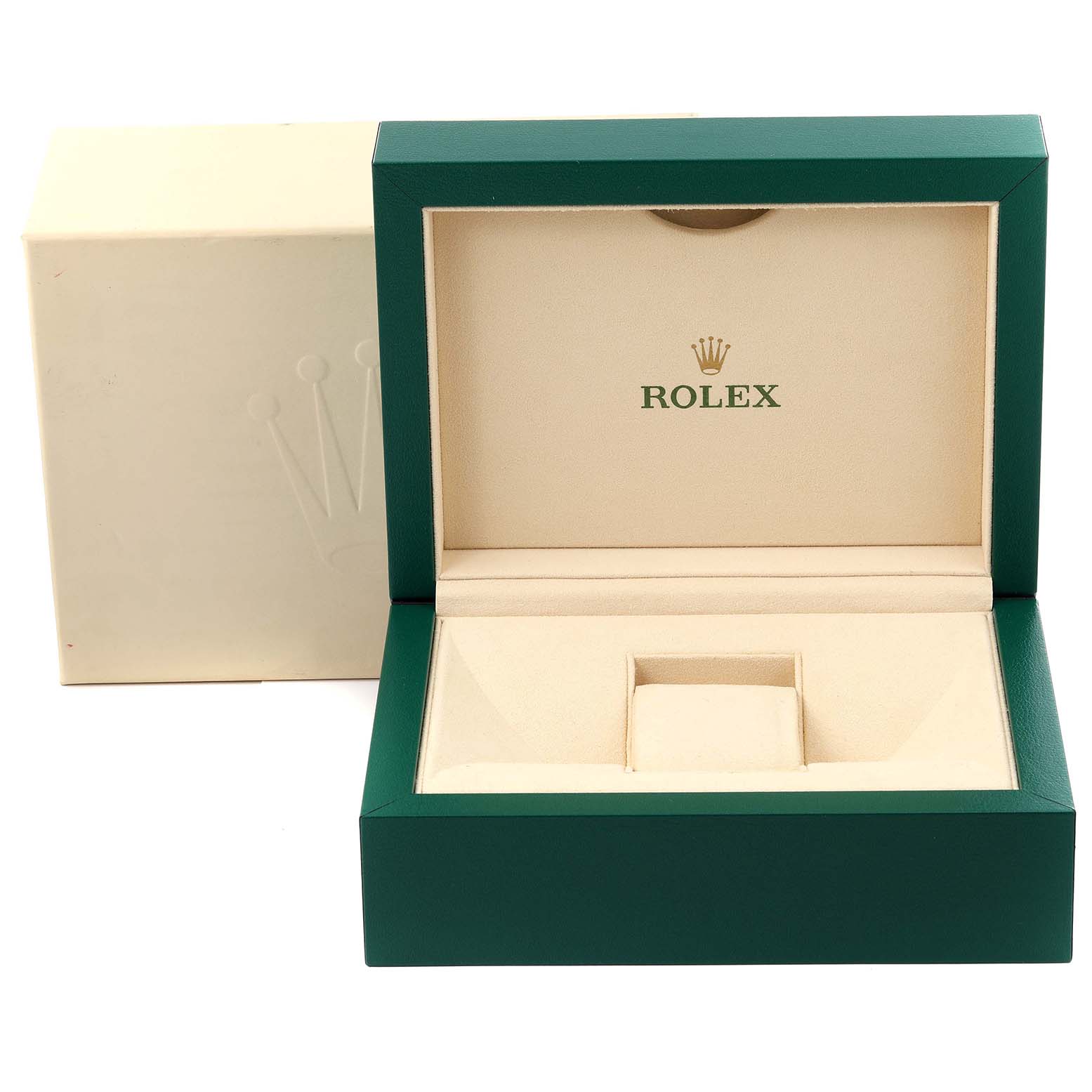 The image shows an open Rolex Submariner 126618LB Men's Yellow Gold Blue Dial 126618LB Men's Yellow Gold Blue Dial watch box, revealing its beige interior and green exterior.
