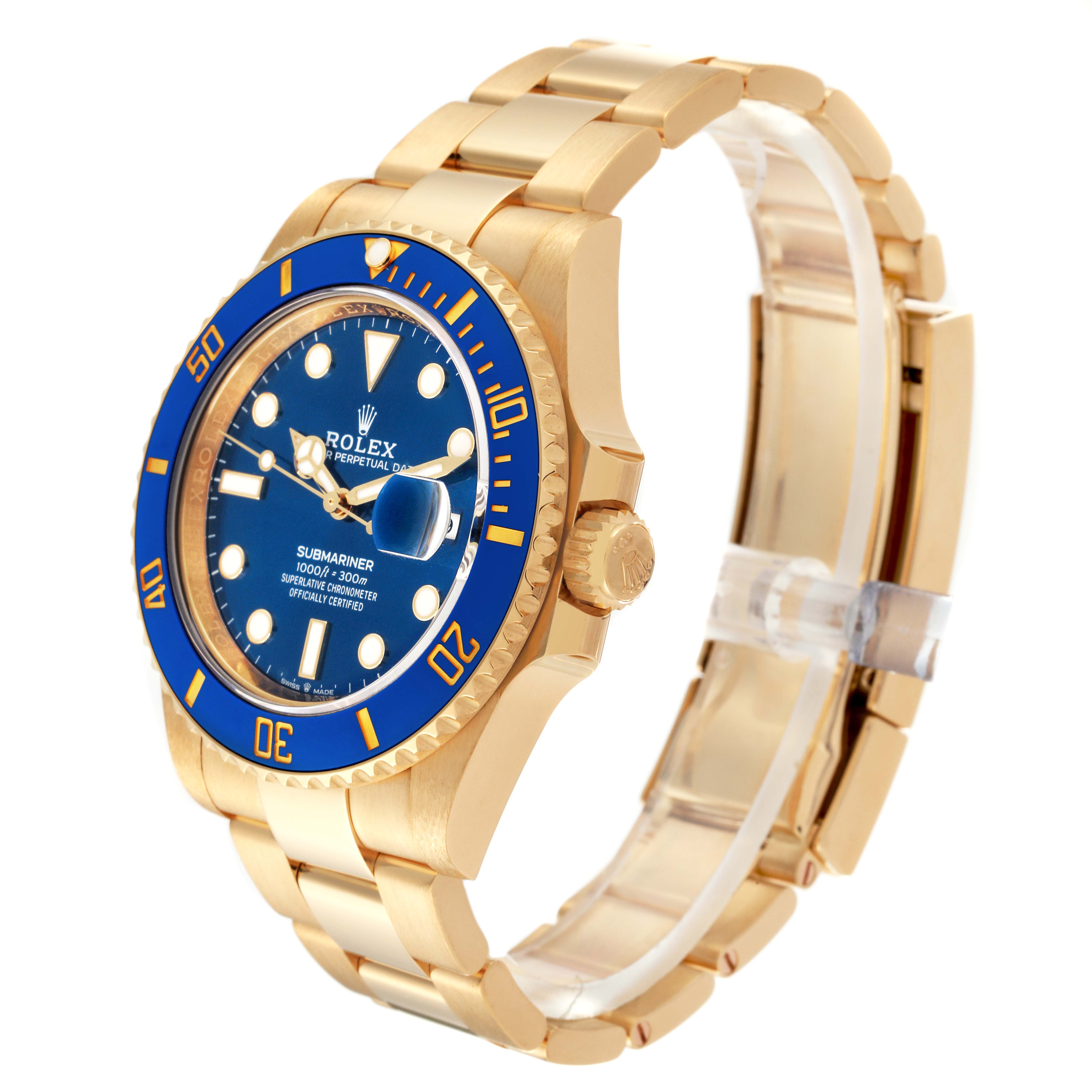 The image shows a Rolex Submariner 126618LB Men's Yellow Gold Blue Dial 126618LB Men's Yellow Gold Blue Dial watch at a slight angle, highlighting its blue dial, bezel, crown, and gold bracelet.
