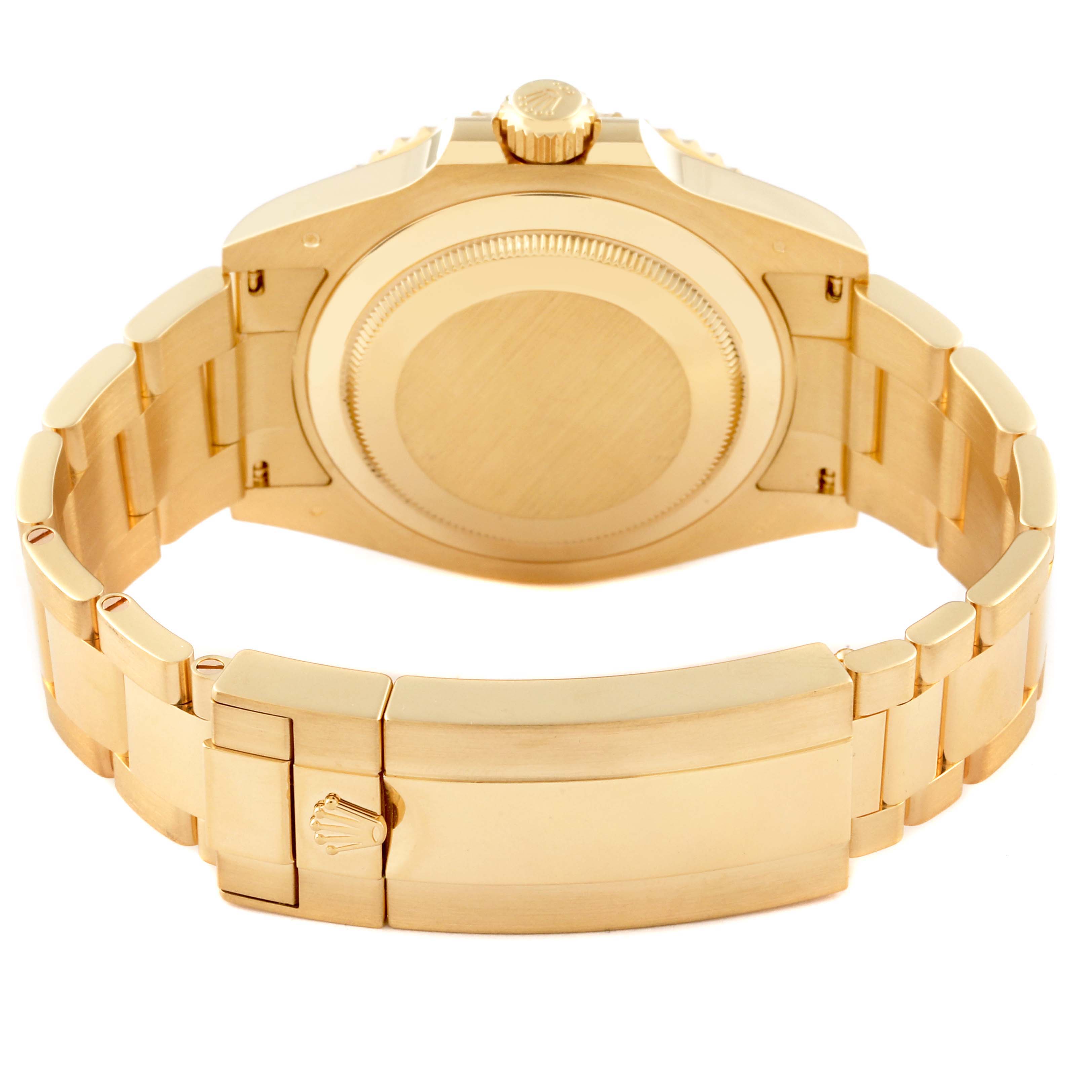 This image shows the rear view of a Rolex Submariner 126618LB Men's Yellow Gold Blue Dial 126618LB Men's Yellow Gold Blue Dial, including the case back and bracelet clasp.