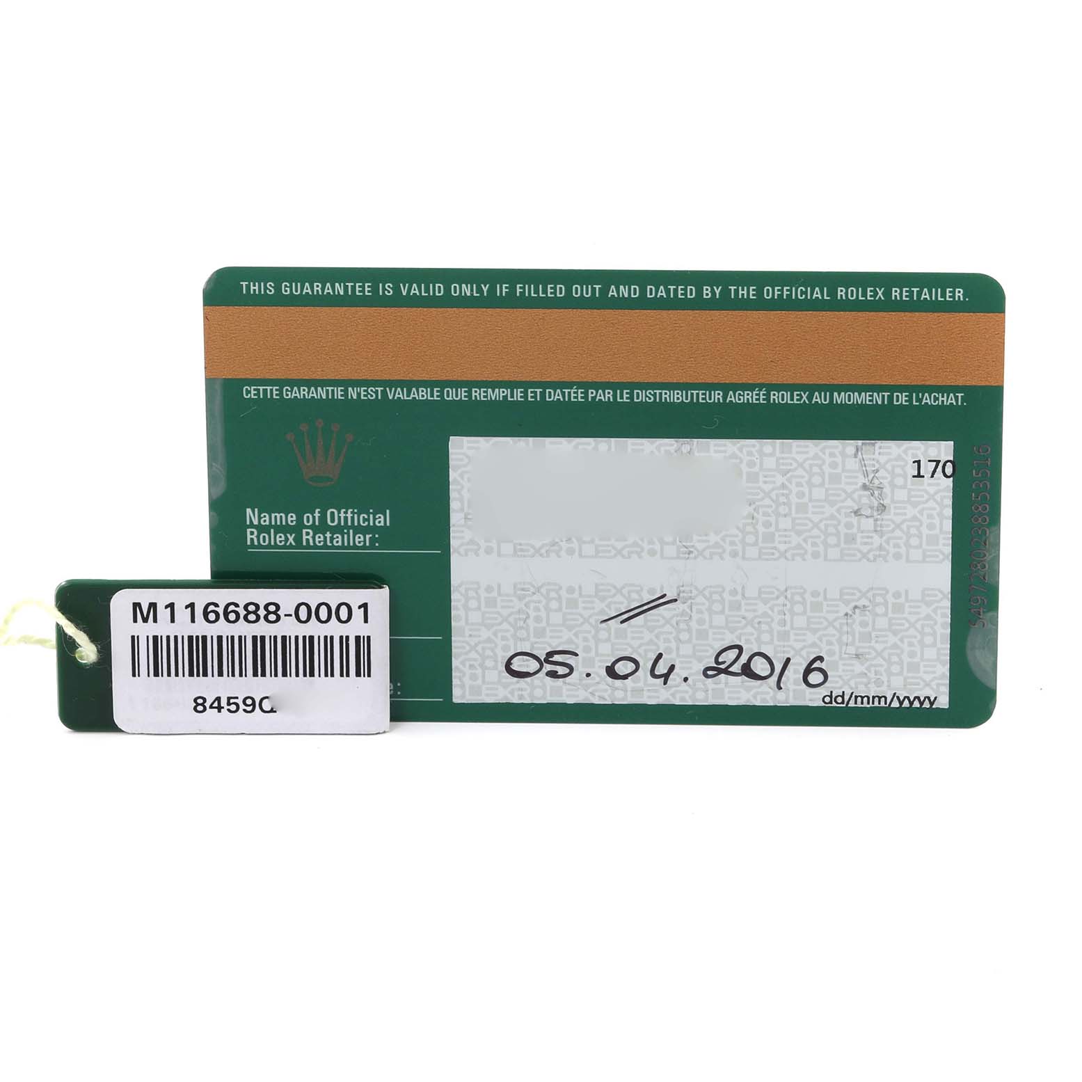 This image shows the warranty card and tag for a Rolex Yacht-Master 116688 Men's Yellow Gold White Dial 116688 Men's Yellow Gold White Dial watch.