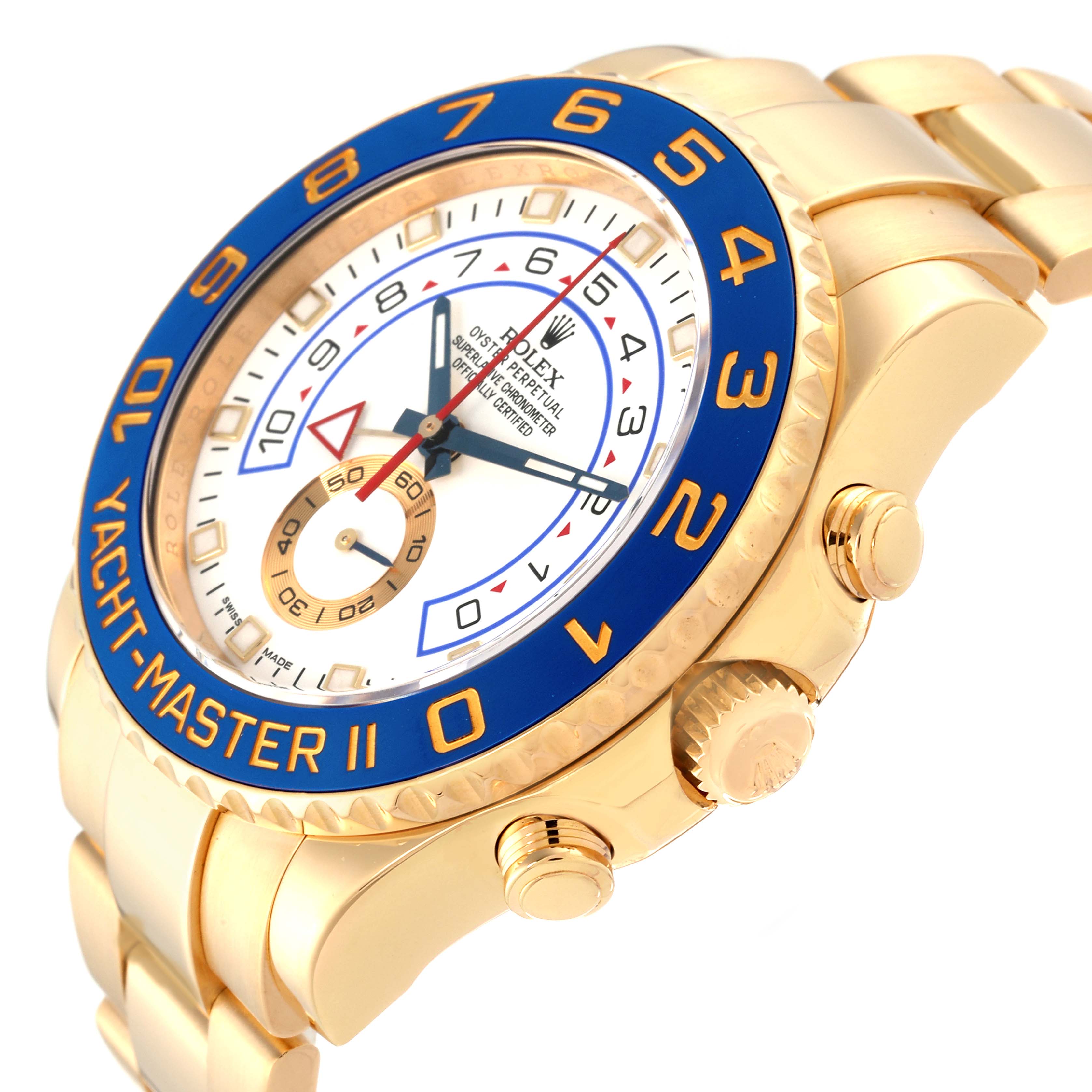 The Rolex Yacht-Master 116688 Men's Yellow Gold White Dial 116688 Men's Yellow Gold White Dial II watch is shown at an angled side view, highlighting its bezel, dial, crown, and bracelet.
