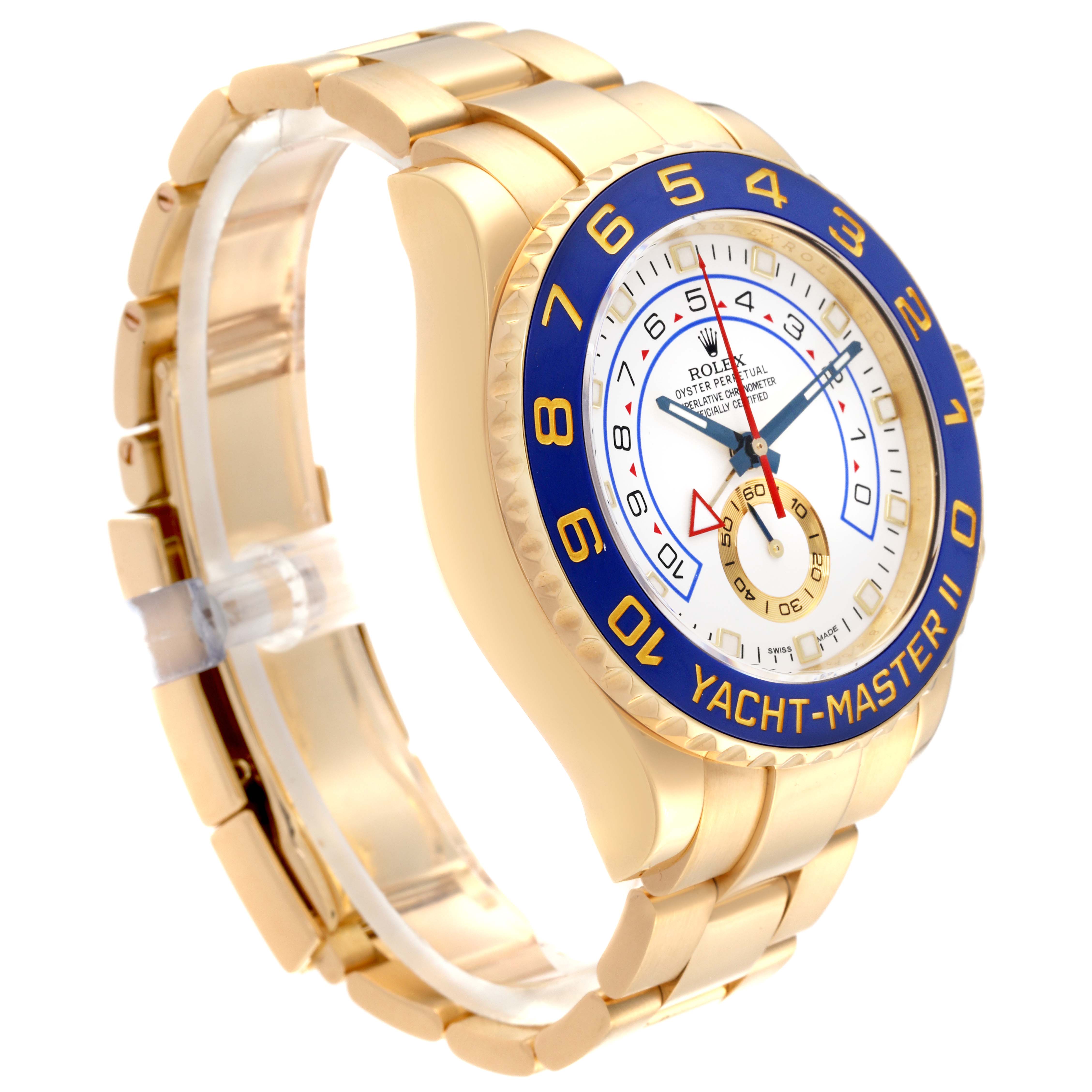 The Rolex Yacht-Master 116688 Men's Yellow Gold White Dial 116688 Men's Yellow Gold White Dial watch is shown at a slight angle, displaying the face, bezel, and part of the bracelet.
