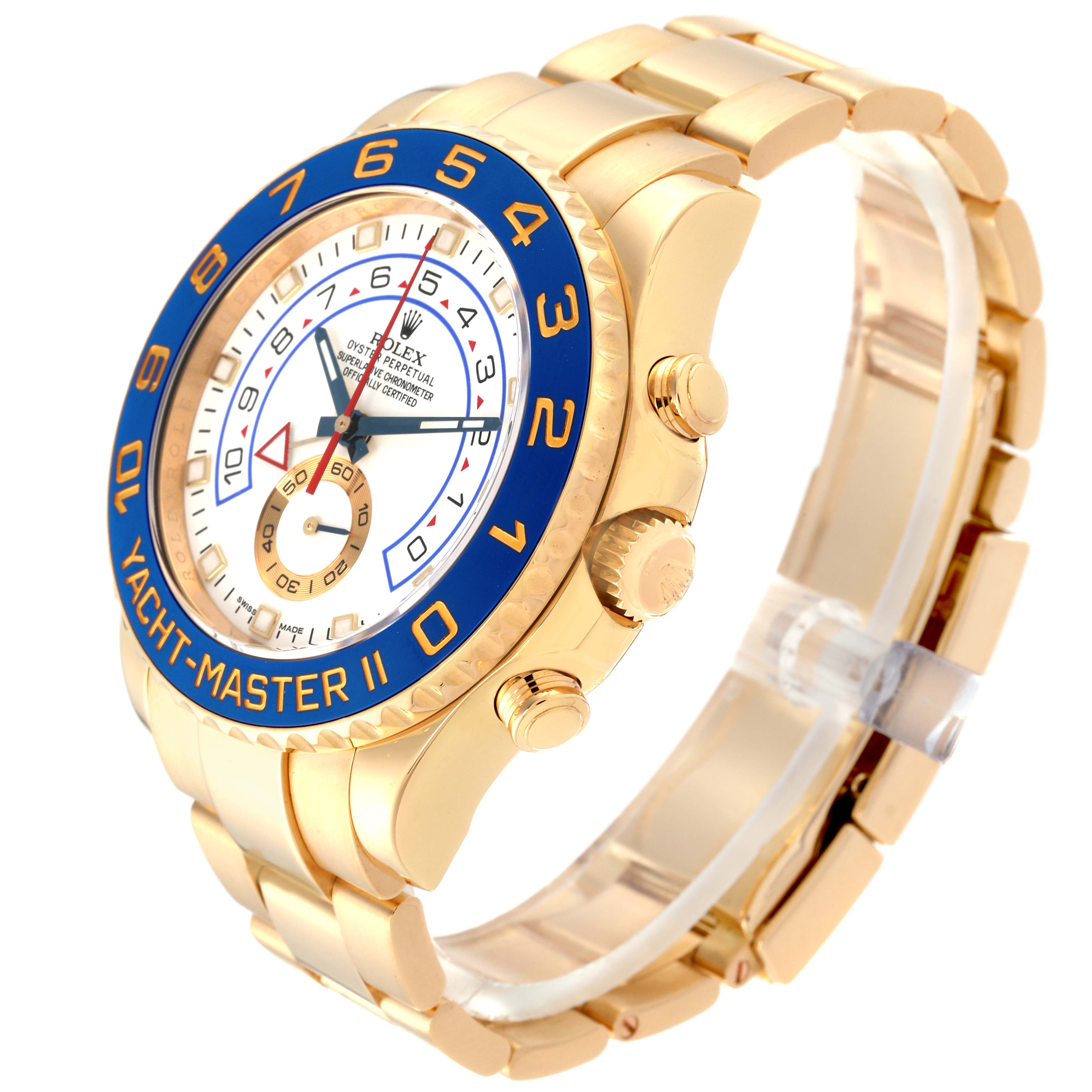 The image shows a side angle of a Rolex Yacht-Master 116688 Men's Yellow Gold White Dial 116688 Men's Yellow Gold White Dial II watch, highlighting the gold bracelet, bezel, and crown.