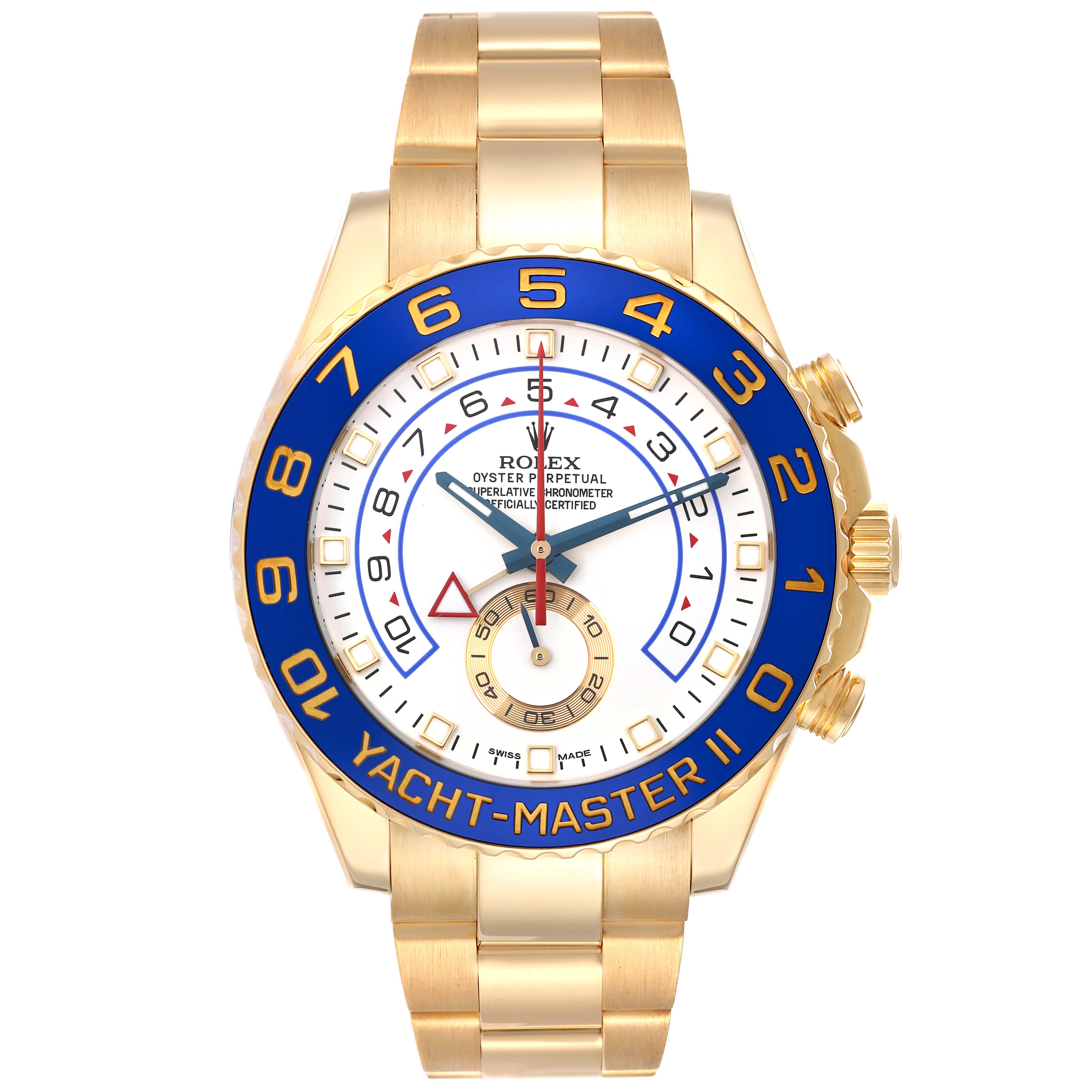 The Rolex Yacht-Master 116688 Men's Yellow Gold White Dial 116688 Men's Yellow Gold White Dial watch is shown from the front, displaying its dial, bezel, bracelet, and crown.