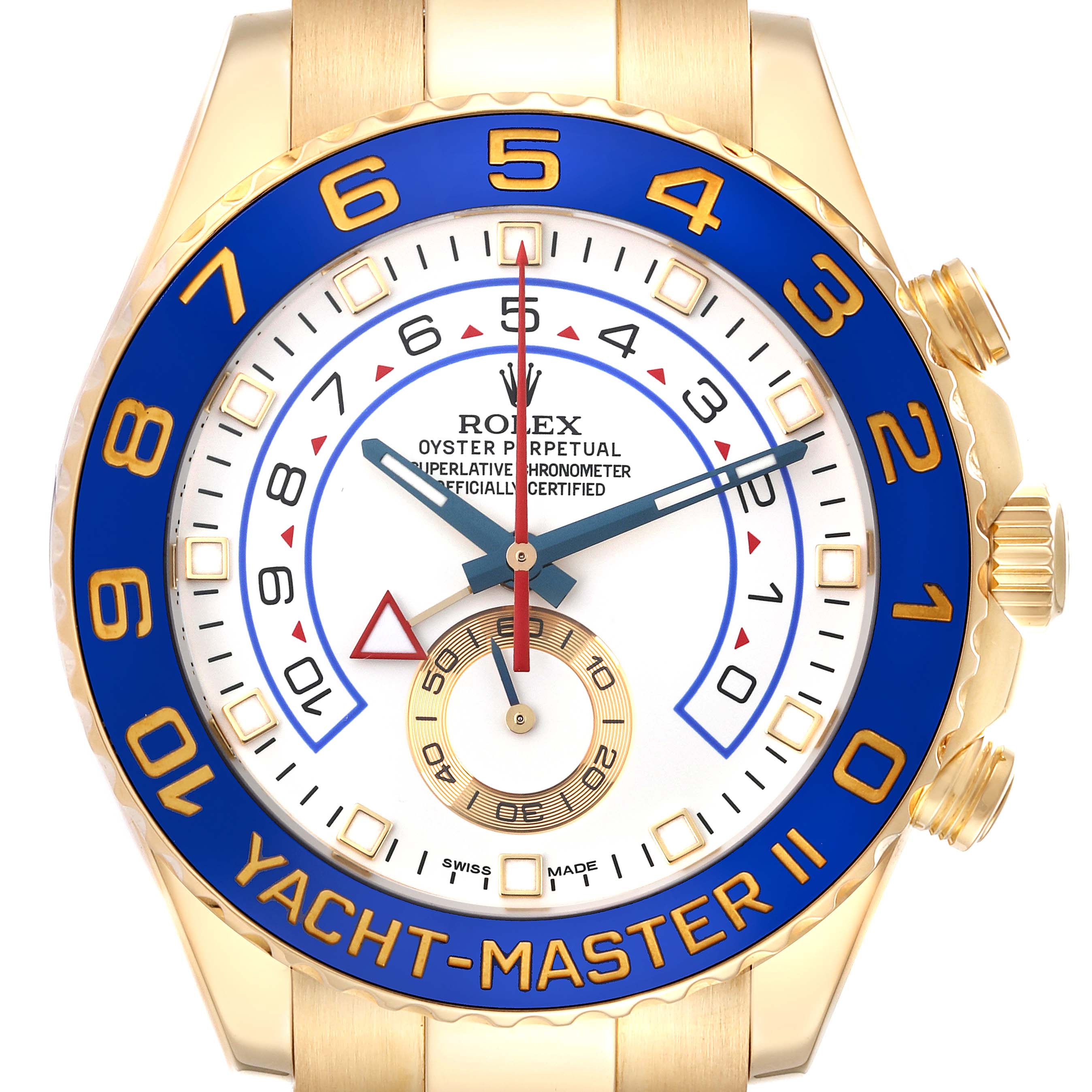 The Rolex Yacht-Master 116688 Men's Yellow Gold White Dial 116688 Men's Yellow Gold White Dial watch is shown from the front, displaying its face, bezel, and crown with notable blue and gold accents.