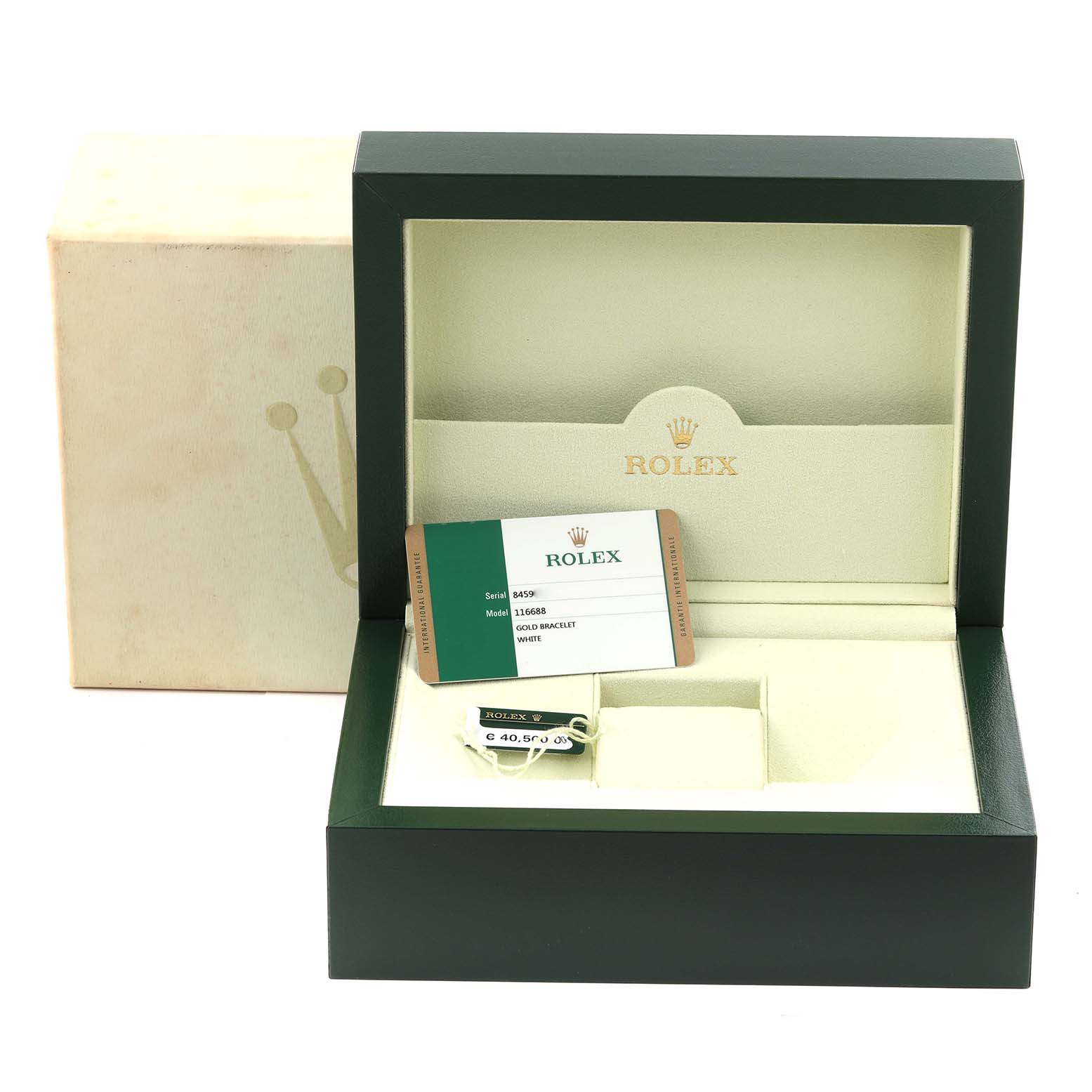 The image shows the open box of a Rolex Yacht-Master 116688 Men's Yellow Gold White Dial 116688 Men's Yellow Gold White Dial, displaying the warranty card and hang tag.