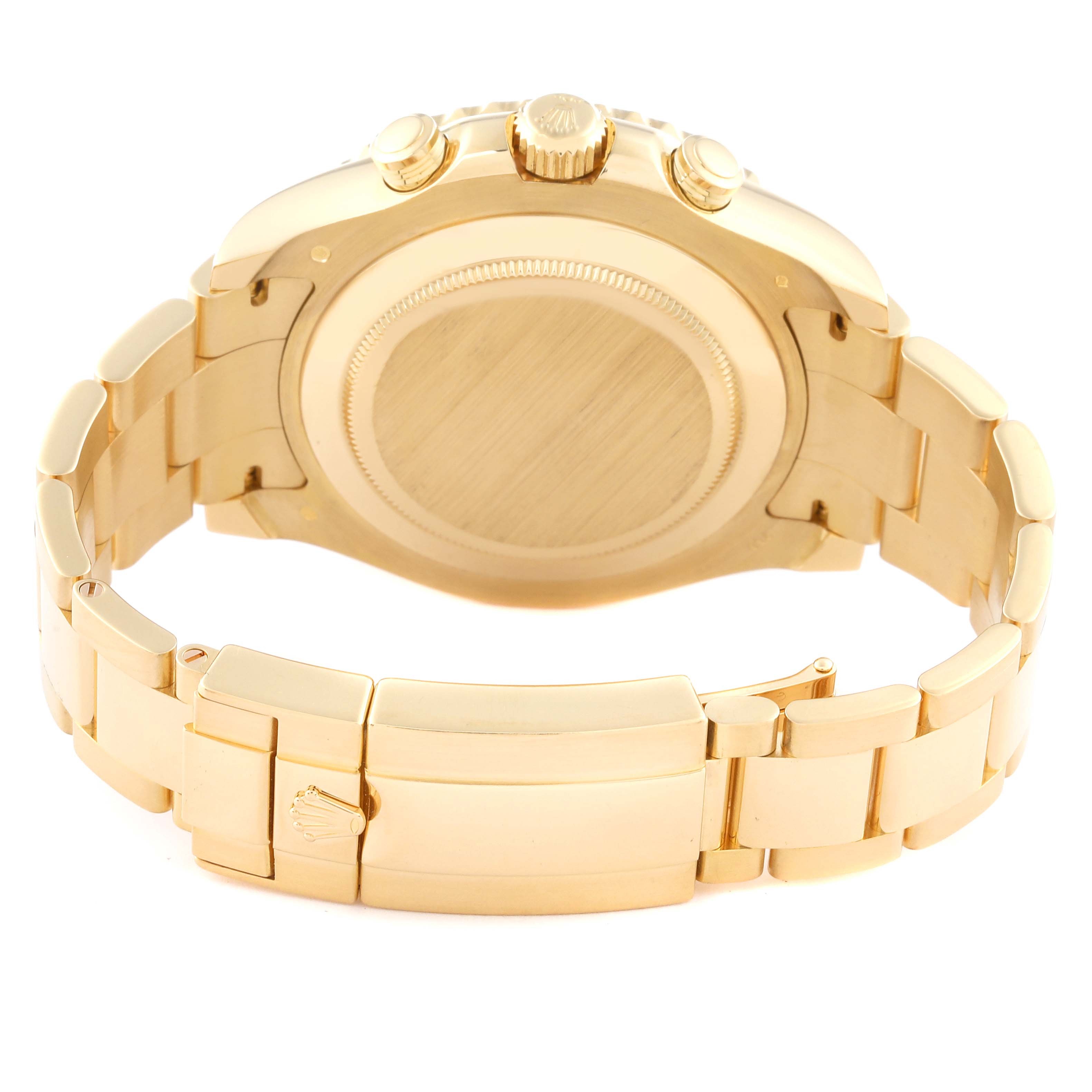 The Rolex Yacht-Master 116688 Men's Yellow Gold White Dial 116688 Men's Yellow Gold White Dial watch is shown from the back, displaying the case back and the gold bracelet with the clasp.