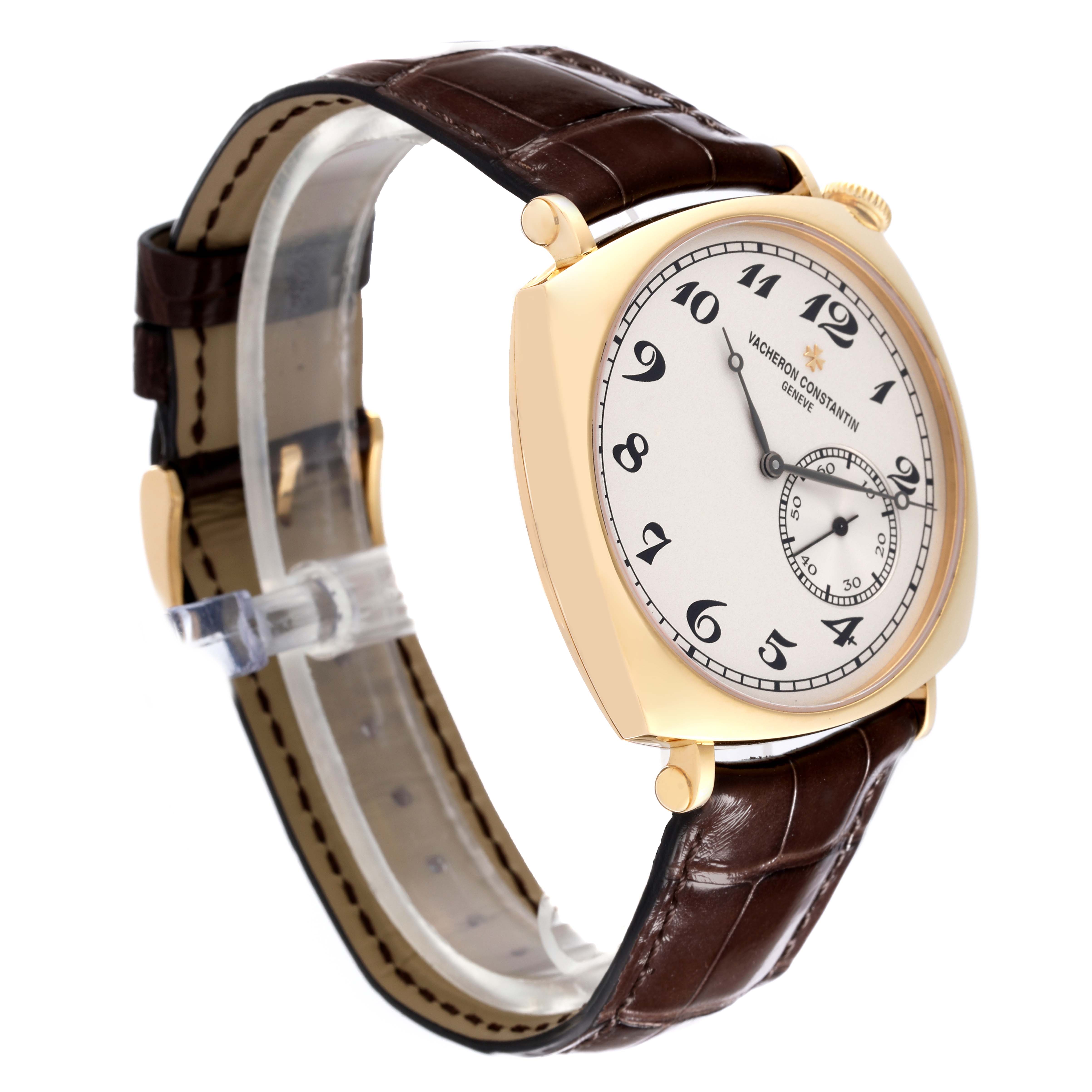 The image shows a Vacheron Constantin Historiques 82035-000J-9964 Men's Yellow Gold Silver Dial 82035-000J-9964 Men's Yellow Gold Silver Dial model watch at a three-quarter angle, highlighting the dial, case, and brown leather strap.