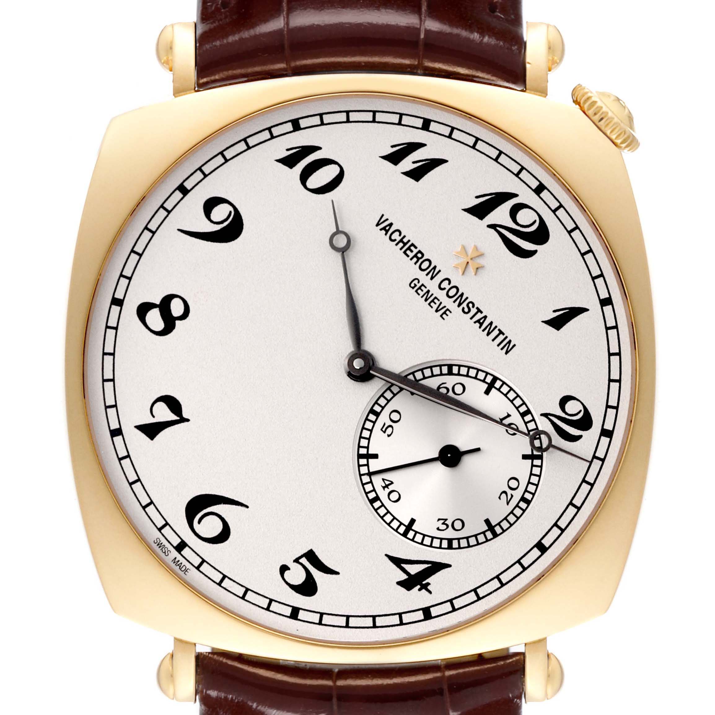 The image shows a frontal view of the Vacheron Constantin Historiques 82035-000J-9964 Men's Yellow Gold Silver Dial 82035-000J-9964 Men's Yellow Gold Silver Dial watch, displaying its dial, hands, and leather strap.