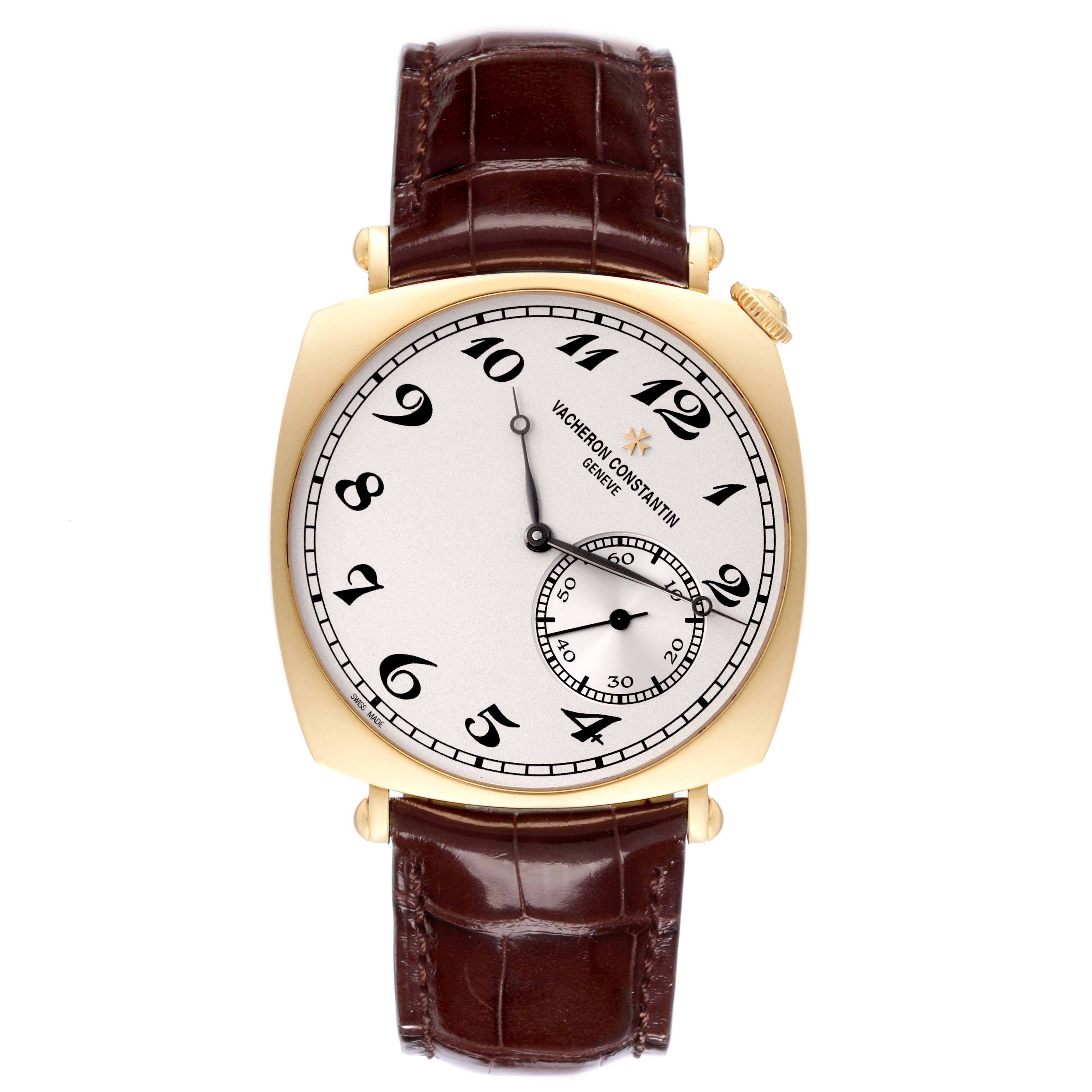The Vacheron Constantin Historiques 82035-000J-9964 Men's Yellow Gold Silver Dial 82035-000J-9964 Men's Yellow Gold Silver Dial watch is shown from a top-down angle, displaying its dial, case, strap, and crown.