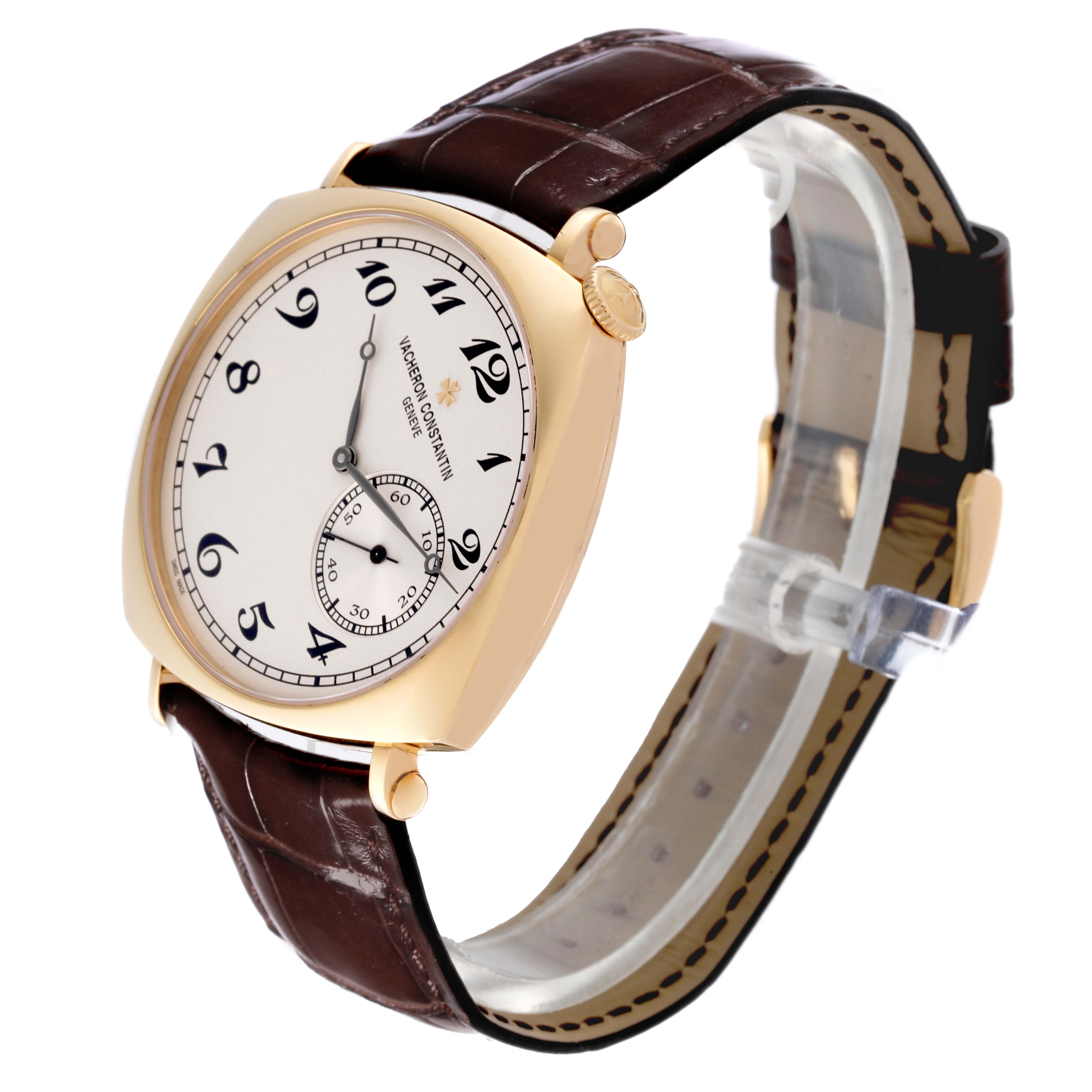 This Vacheron Constantin Historiques 82035-000J-9964 Men's Yellow Gold Silver Dial 82035-000J-9964 Men's Yellow Gold Silver Dial watch is shown from a three-quarter view, highlighting the dial, case, and brown leather strap.