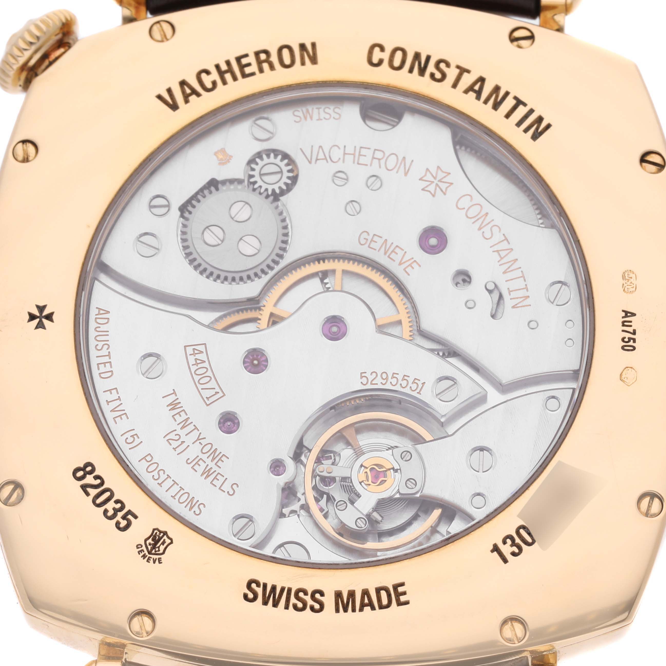 This image shows the back angle of the Vacheron Constantin Historiques 82035-000J-9964 Men's Yellow Gold Silver Dial 82035-000J-9964 Men's Yellow Gold Silver Dial model, highlighting its intricate movement mechanism.