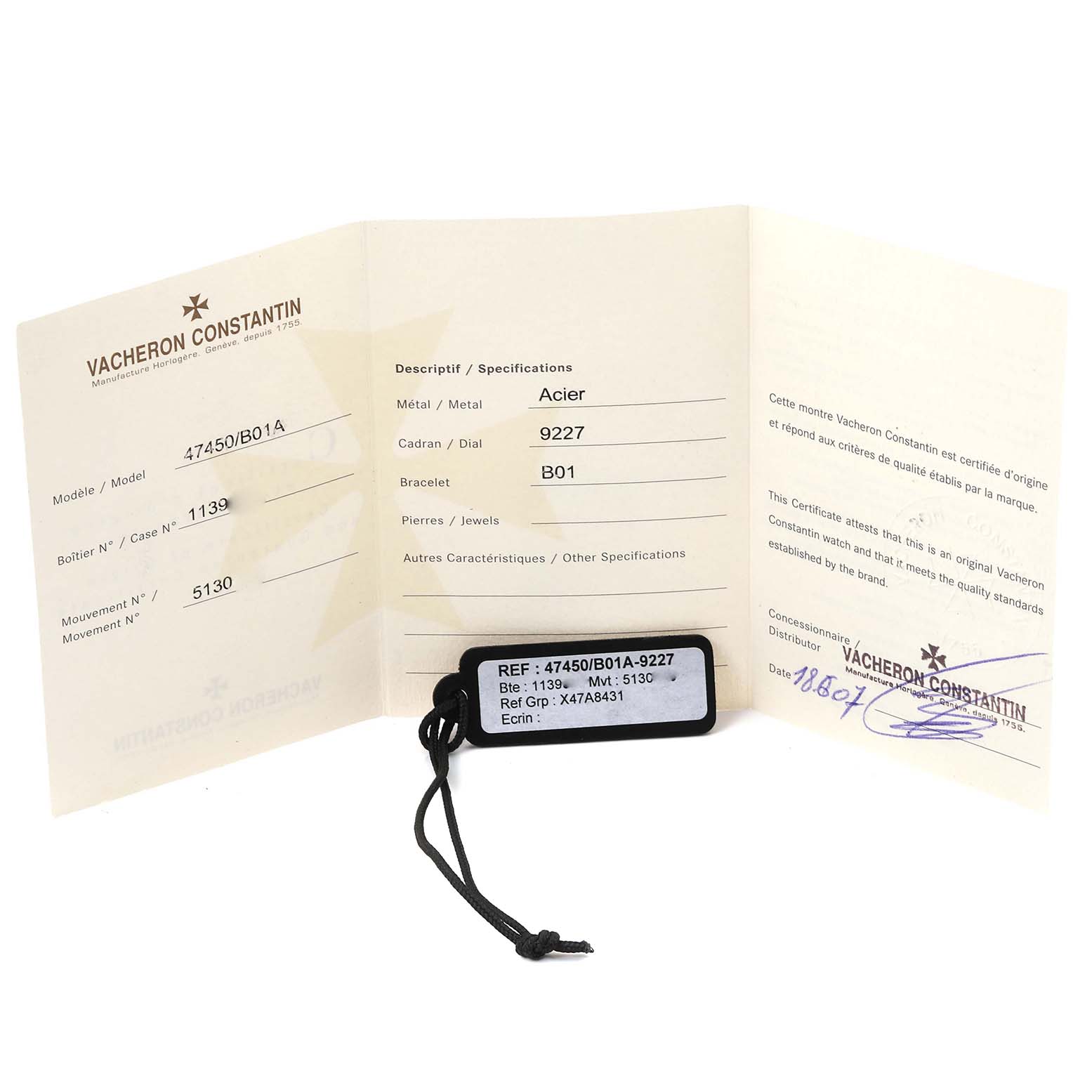 This image shows the certification booklet and tag for the Vacheron Constantin Overseas 47450/B01A-9227 Men's Stainless Steel Black Dial 47450/B01A-9227 Men's Stainless Steel Black Dial model watch.