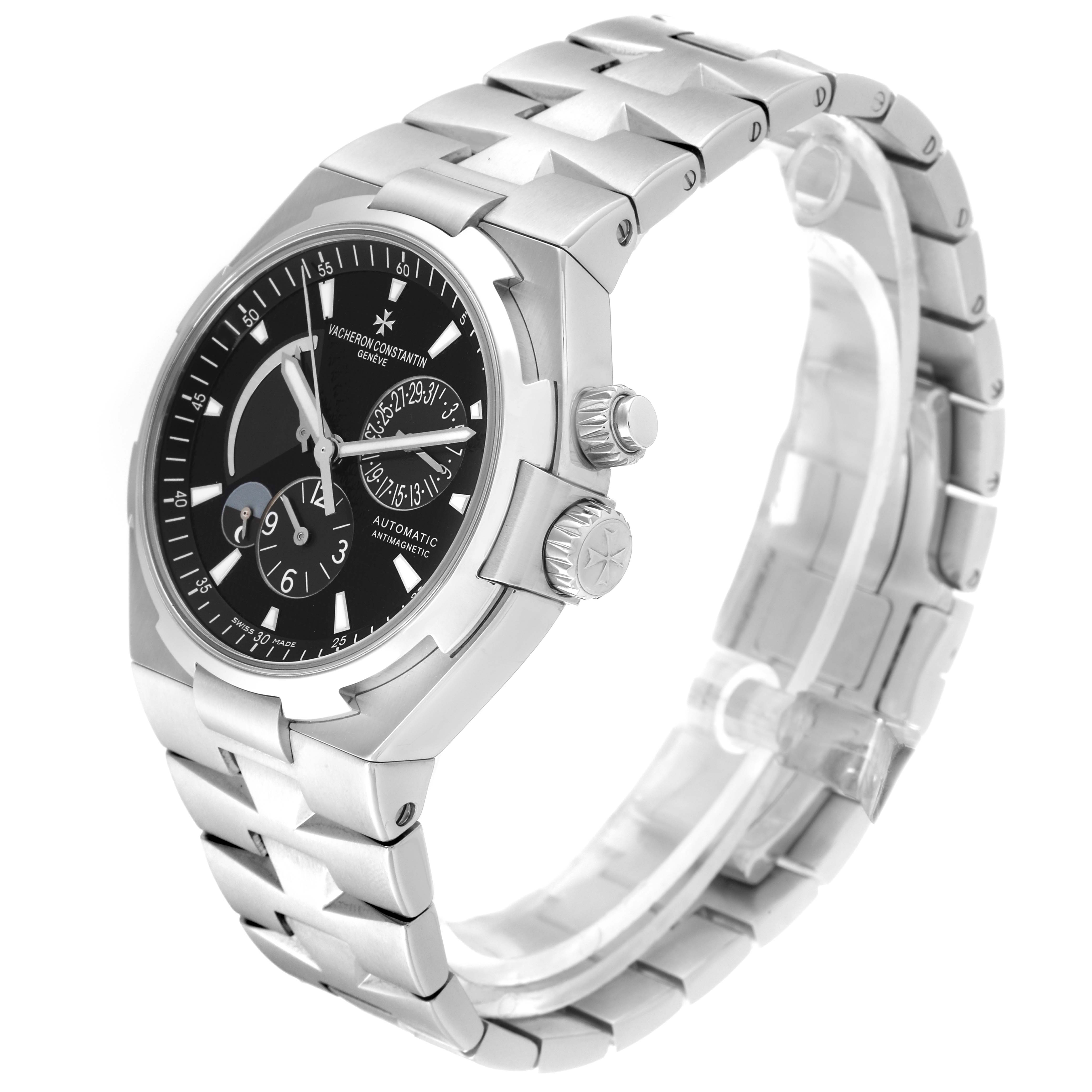 The image shows a side view of the Vacheron Constantin Overseas 47450/B01A-9227 Men's Stainless Steel Black Dial 47450/B01A-9227 Men's Stainless Steel Black Dial model watch, displaying its bracelet, case, and crown details.