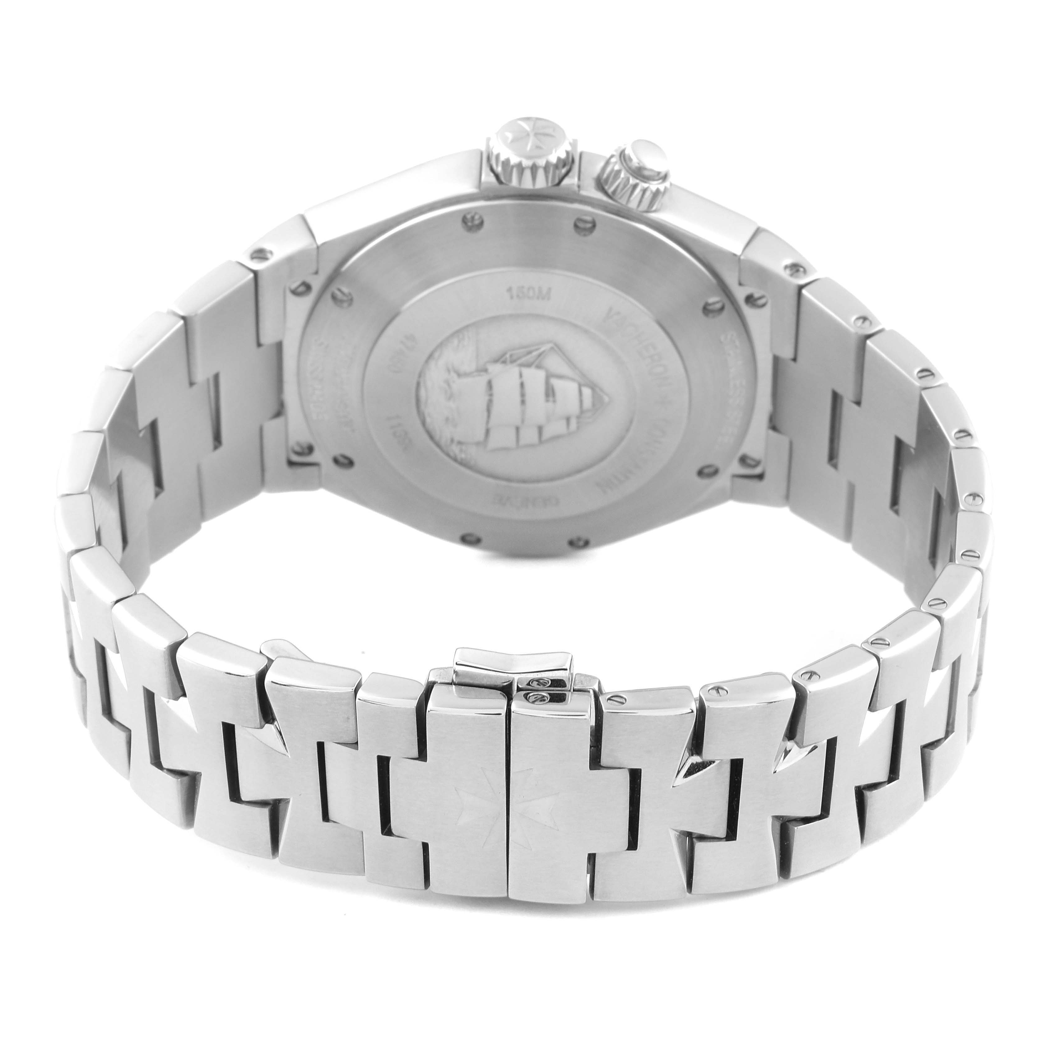 The image shows the back angle of a Vacheron Constantin Overseas 47450/B01A-9227 Men's Stainless Steel Black Dial 47450/B01A-9227 Men's Stainless Steel Black Dial watch, highlighting its case back and metal bracelet.