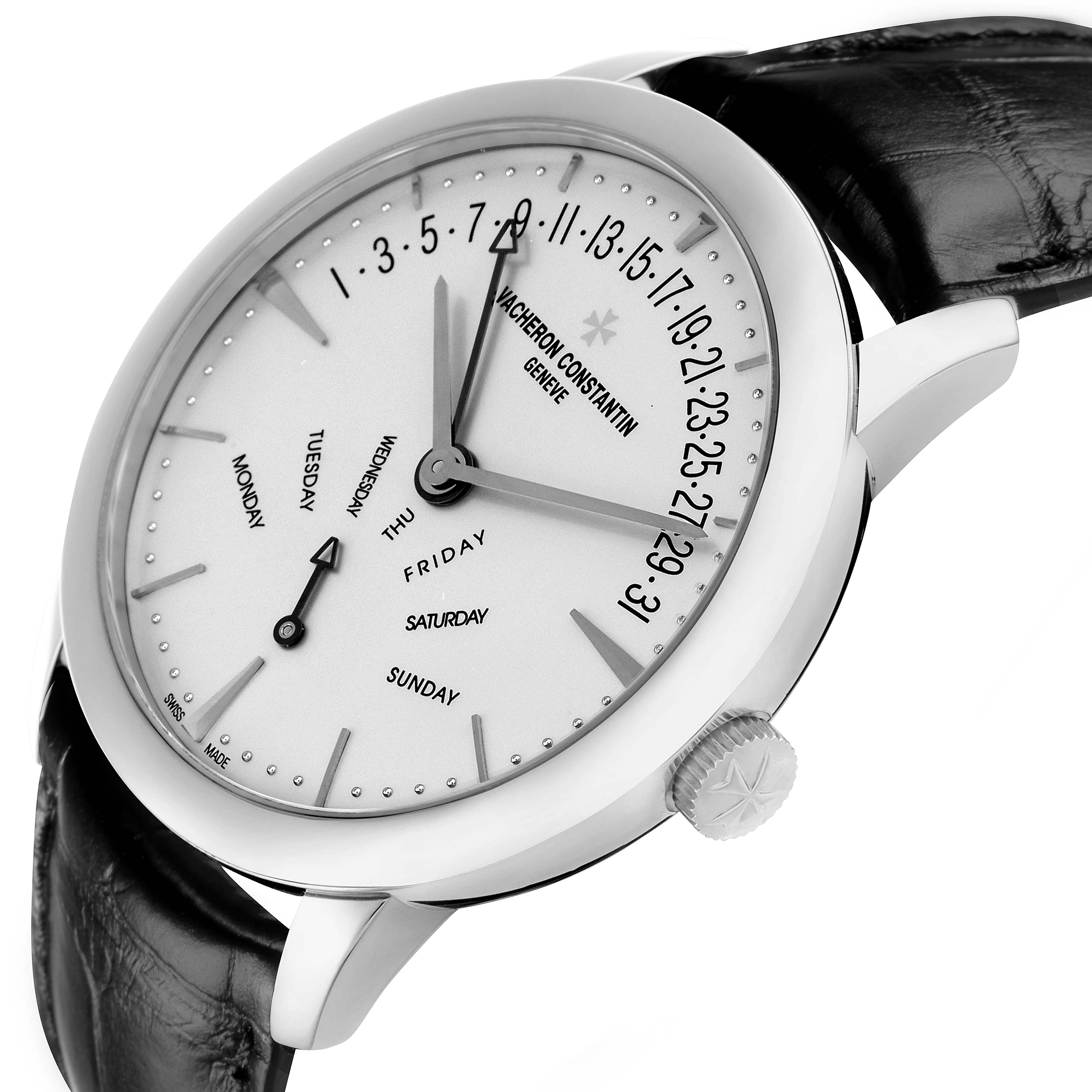 The Vacheron Constantin Patrimony 86020 Men
s White Gold Silver Dial watch is shown in a close-up side angle, highlighting the dial, crown, and strap.